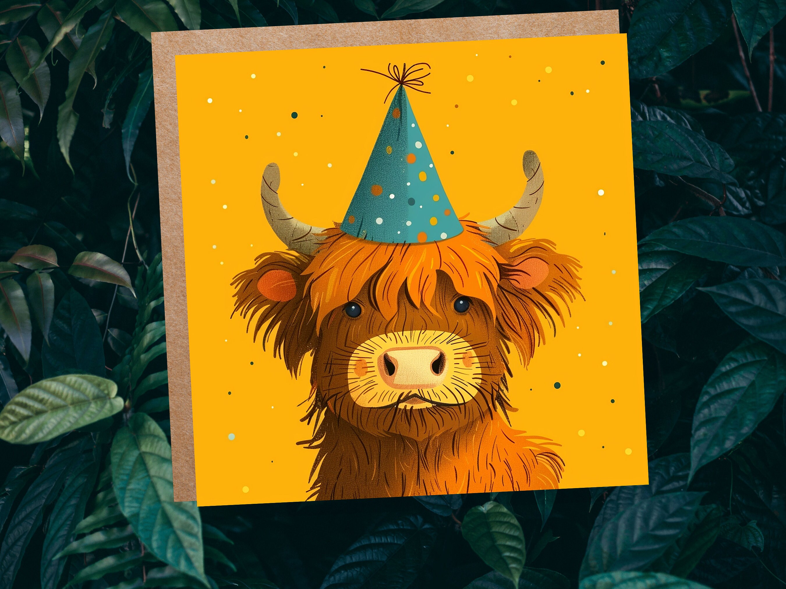 Highland Cow Birthday Card for Scottish Friend From Scotland Heilan Coo Hairy Brown Cattle Party Hat Celebration Cute Whimsical Fun Invites - View 2