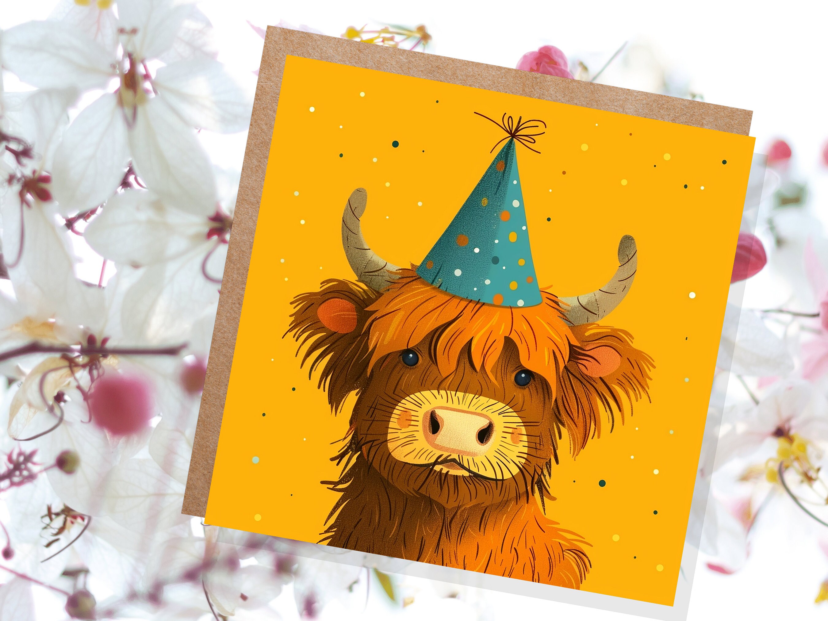 Highland Cow Birthday Card for Scottish Friend From Scotland Heilan Coo Hairy Brown Cattle Party Hat Celebration Cute Whimsical Fun Invites - View 3