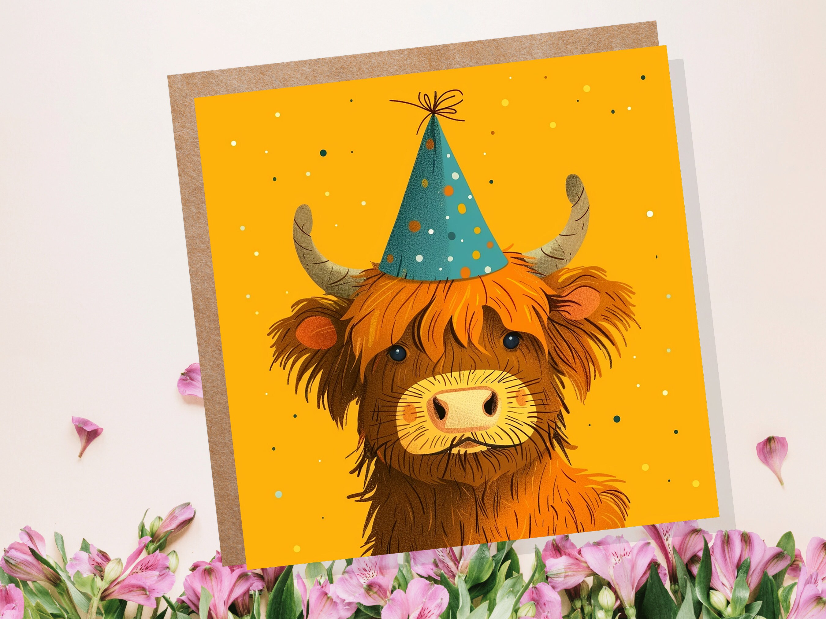 Highland Cow Birthday Card for Scottish Friend From Scotland Heilan Coo Hairy Brown Cattle Party Hat Celebration Cute Whimsical Fun Invites - View 4