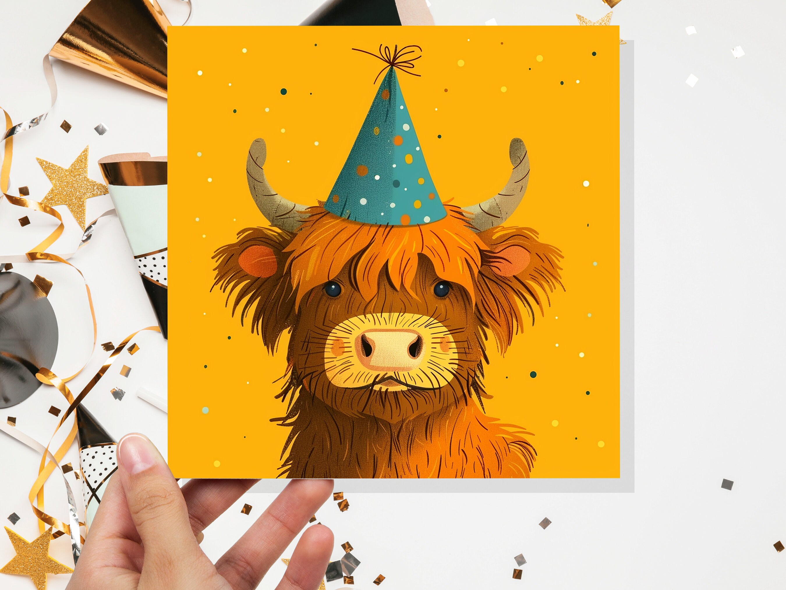 Highland Cow Birthday Card for Scottish Friend From Scotland Heilan Coo Hairy Brown Cattle Party Hat Celebration Cute Whimsical Fun Invites - View 5