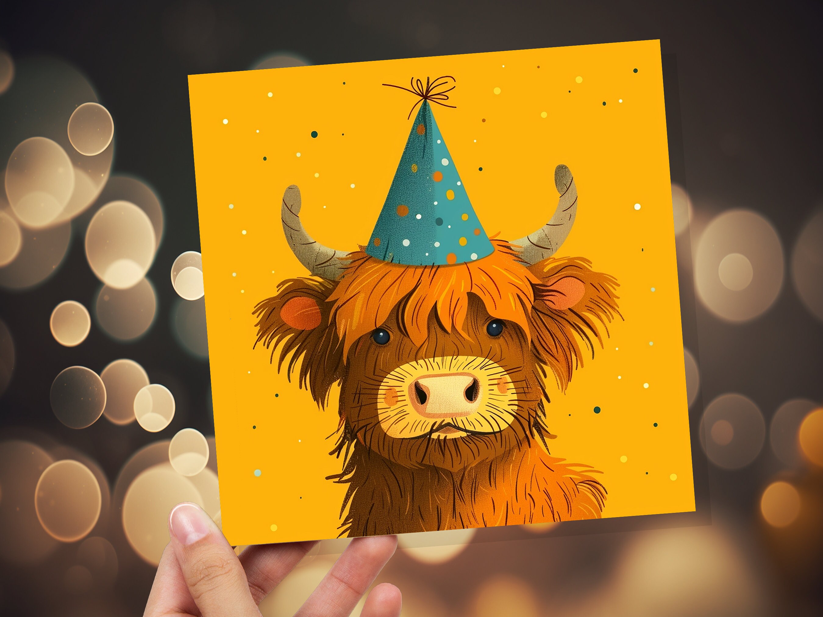 Highland Cow Birthday Card for Scottish Friend From Scotland Heilan Coo Hairy Brown Cattle Party Hat Celebration Cute Whimsical Fun Invites - View 6