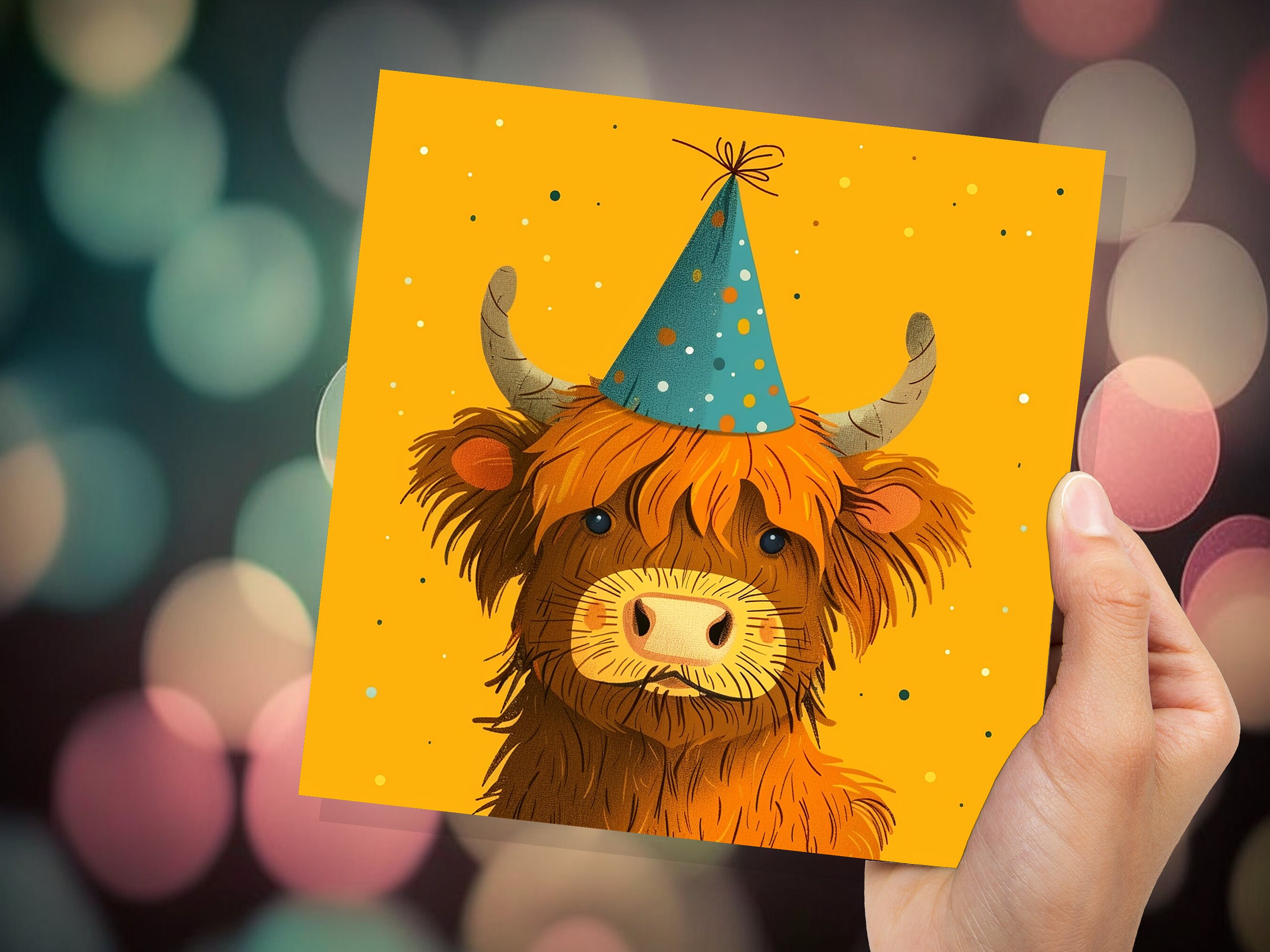 Highland Cow Birthday Card for Scottish Friend From Scotland Heilan Coo Hairy Brown Cattle Party Hat Celebration Cute Whimsical Fun Invites - View 7