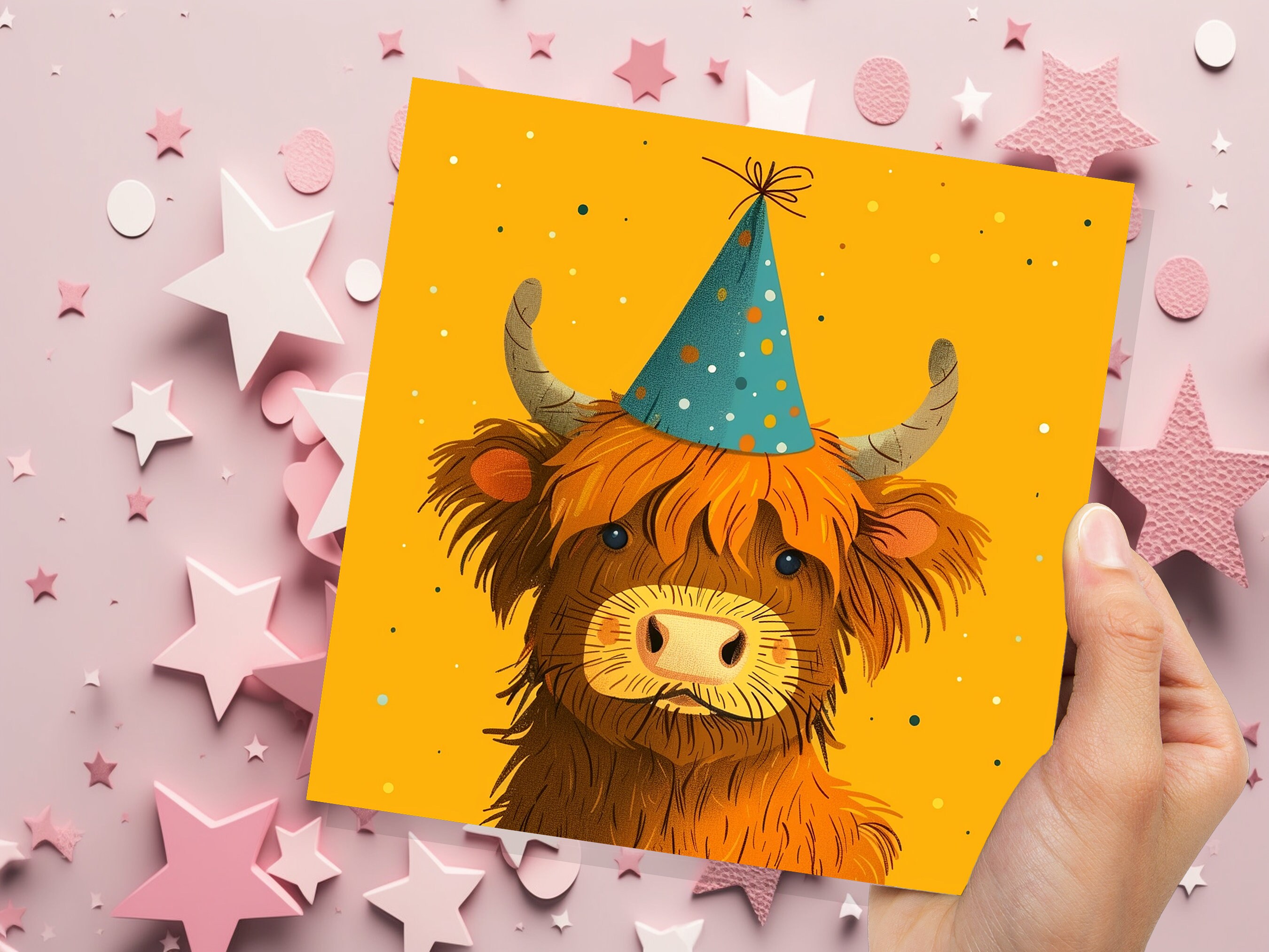 Highland Cow Birthday Card for Scottish Friend From Scotland Heilan Coo Hairy Brown Cattle Party Hat Celebration Cute Whimsical Fun Invites - View 8