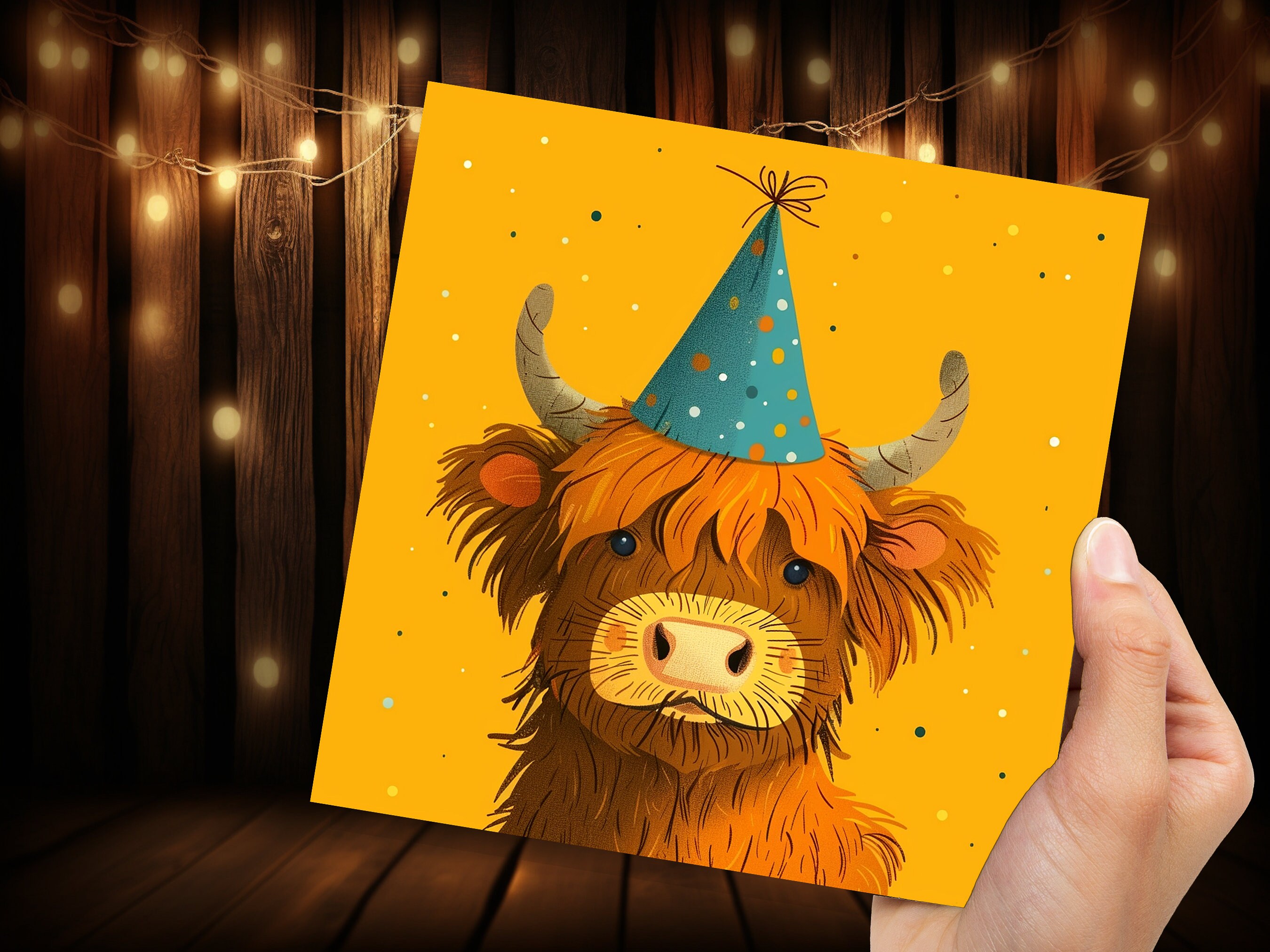 Highland Cow Birthday Card for Scottish Friend From Scotland Heilan Coo Hairy Brown Cattle Party Hat Celebration Cute Whimsical Fun Invites - View 9