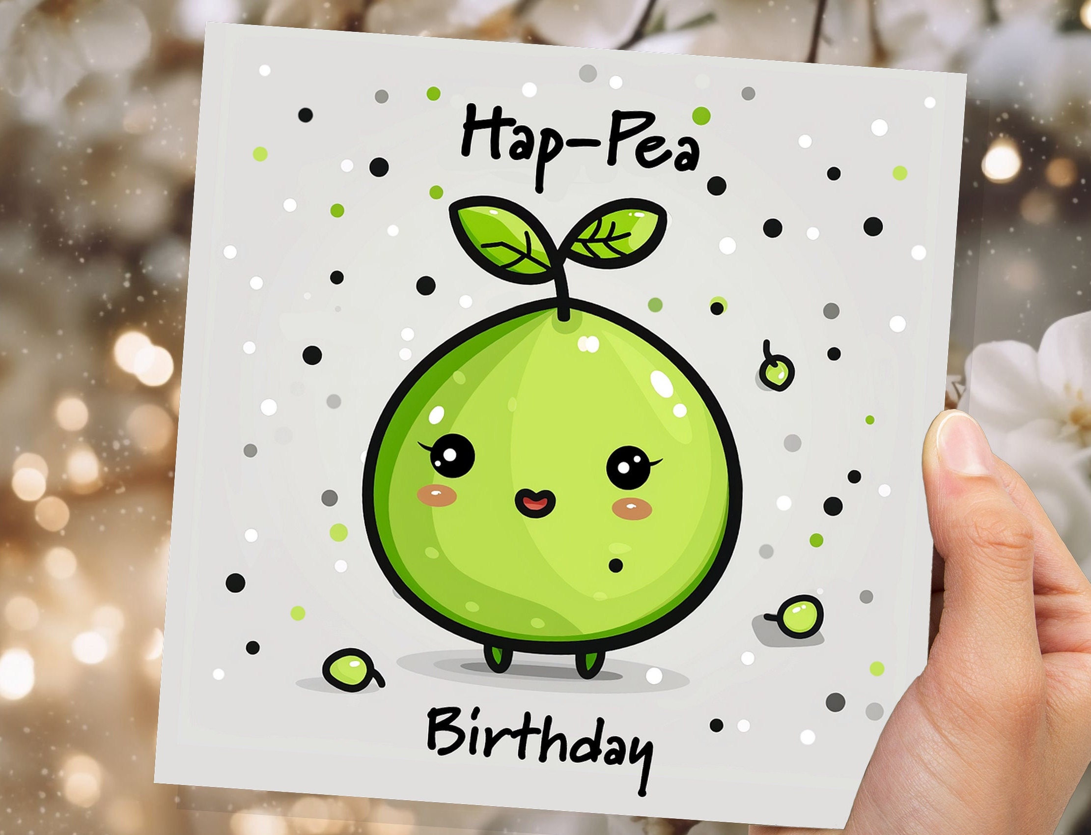 Hap-Pea Birthday Pun Card Happy Cartoon Pea Punny Funny Humour Cute Kawaii Joke Folded Greeting Cards Food for Him Her Husband Best Friend