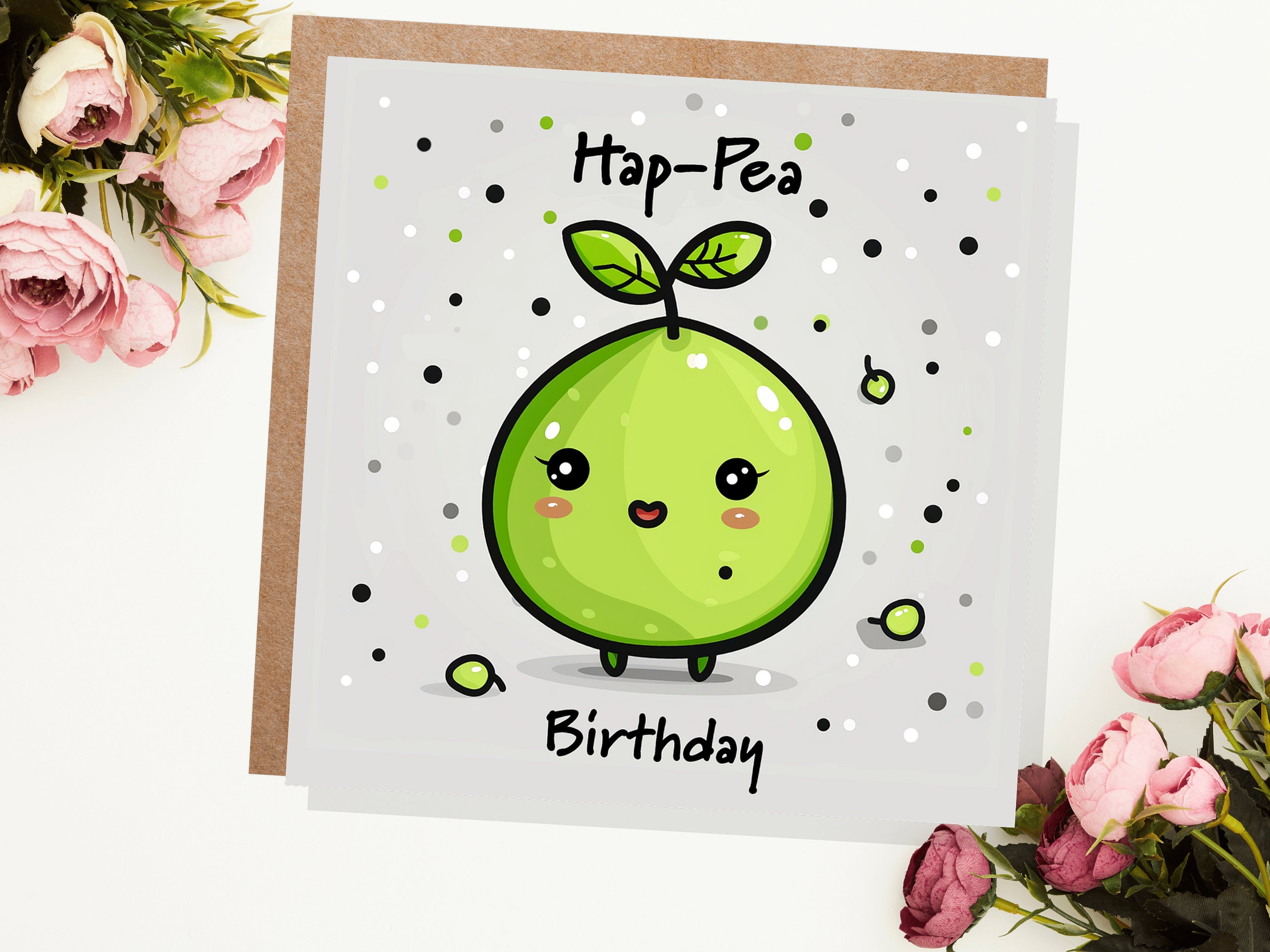 Hap-Pea Birthday Pun Card Happy Cartoon Pea Punny Funny Humour Cute Kawaii Joke Folded Greeting Cards Food for Him Her Husband Best Friend - View 3