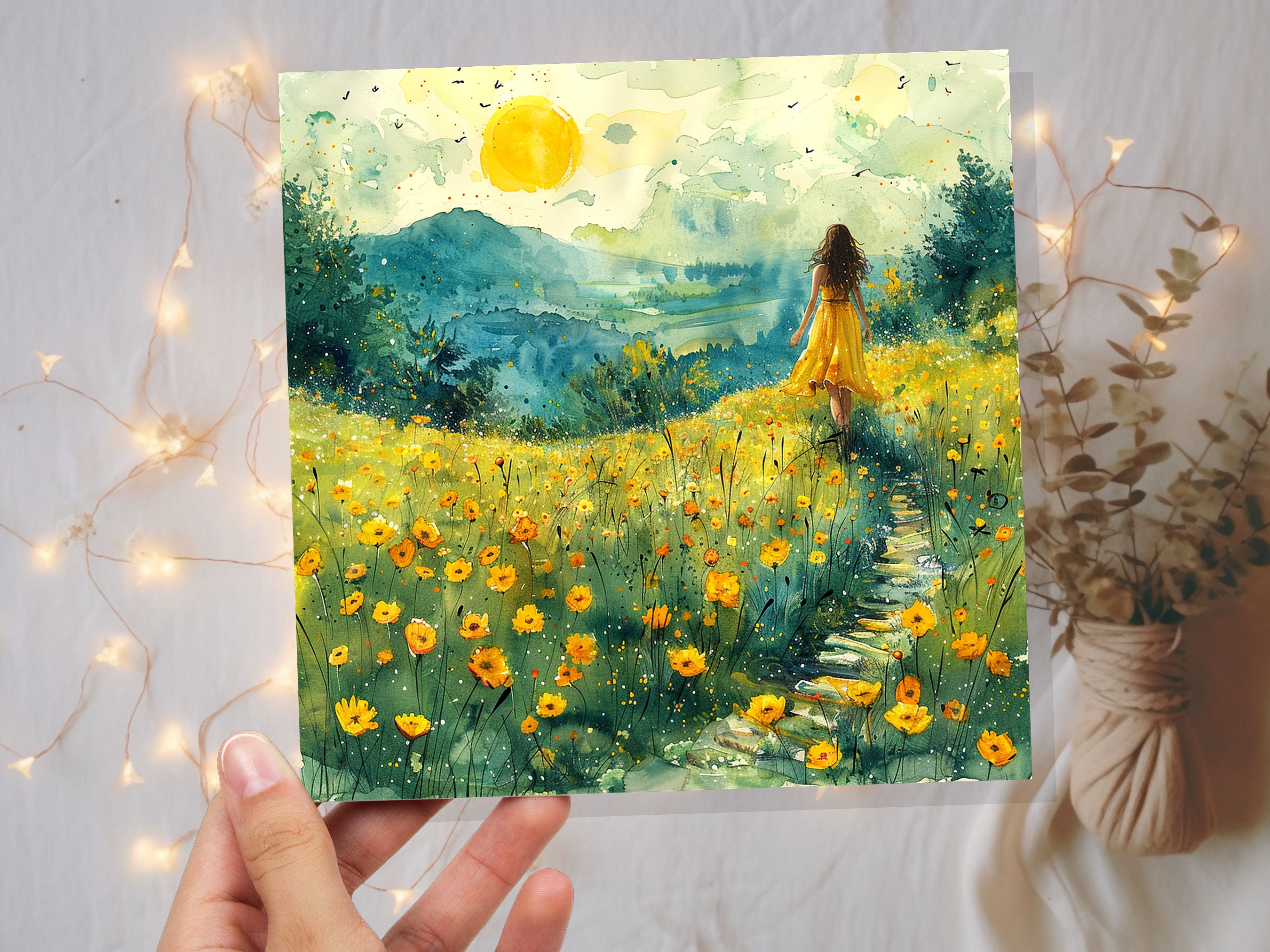 Summer Meadow Card Tranquil Landscape Watercolour Painting Wildflowers Fields Woman Walking Joyful Nature Scene Freedom Divorce Travel - View 5