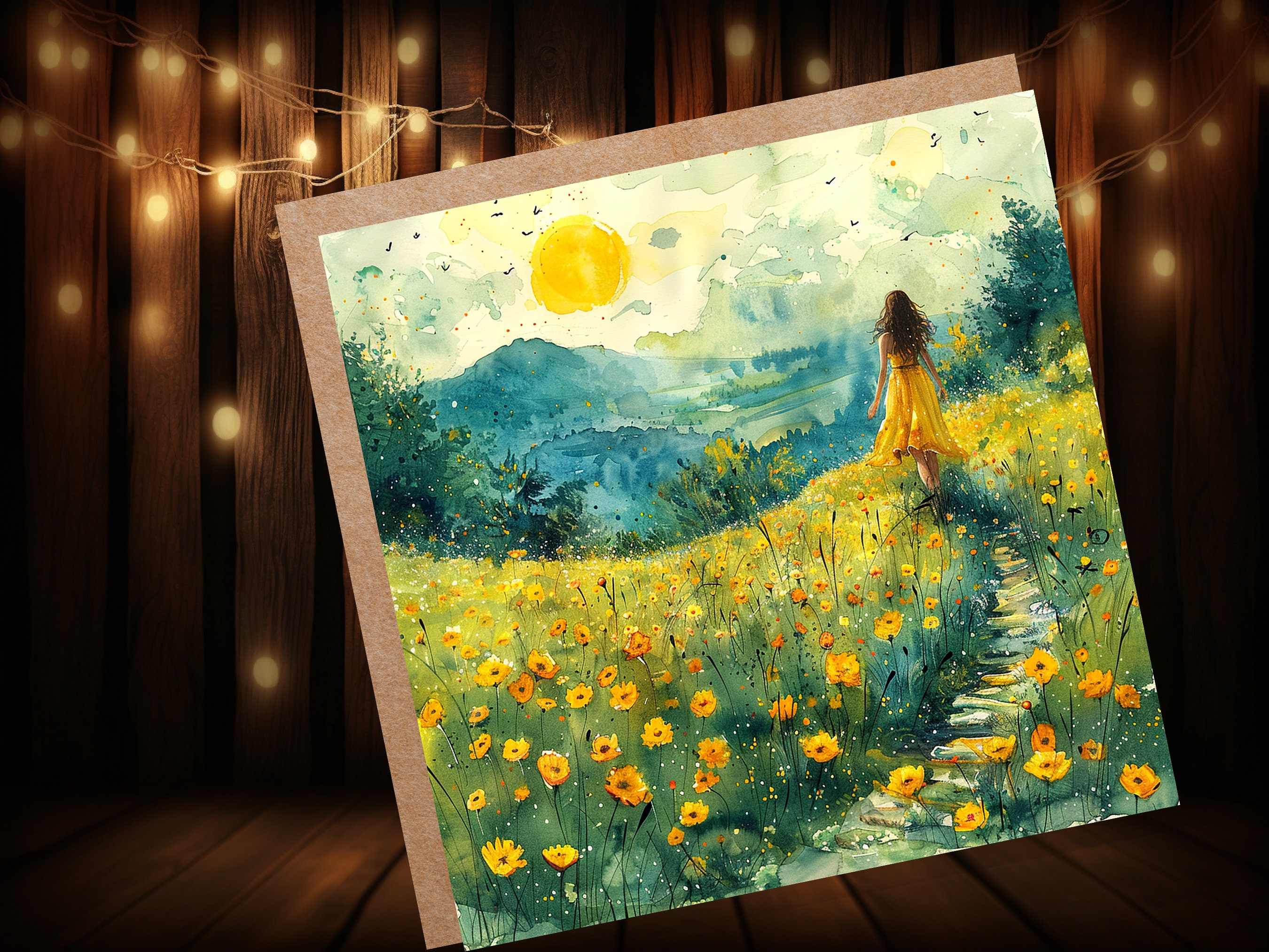 Summer Meadow Card Tranquil Landscape Watercolour Painting Wildflowers Fields Woman Walking Joyful Nature Scene Freedom Divorce Travel - View 4