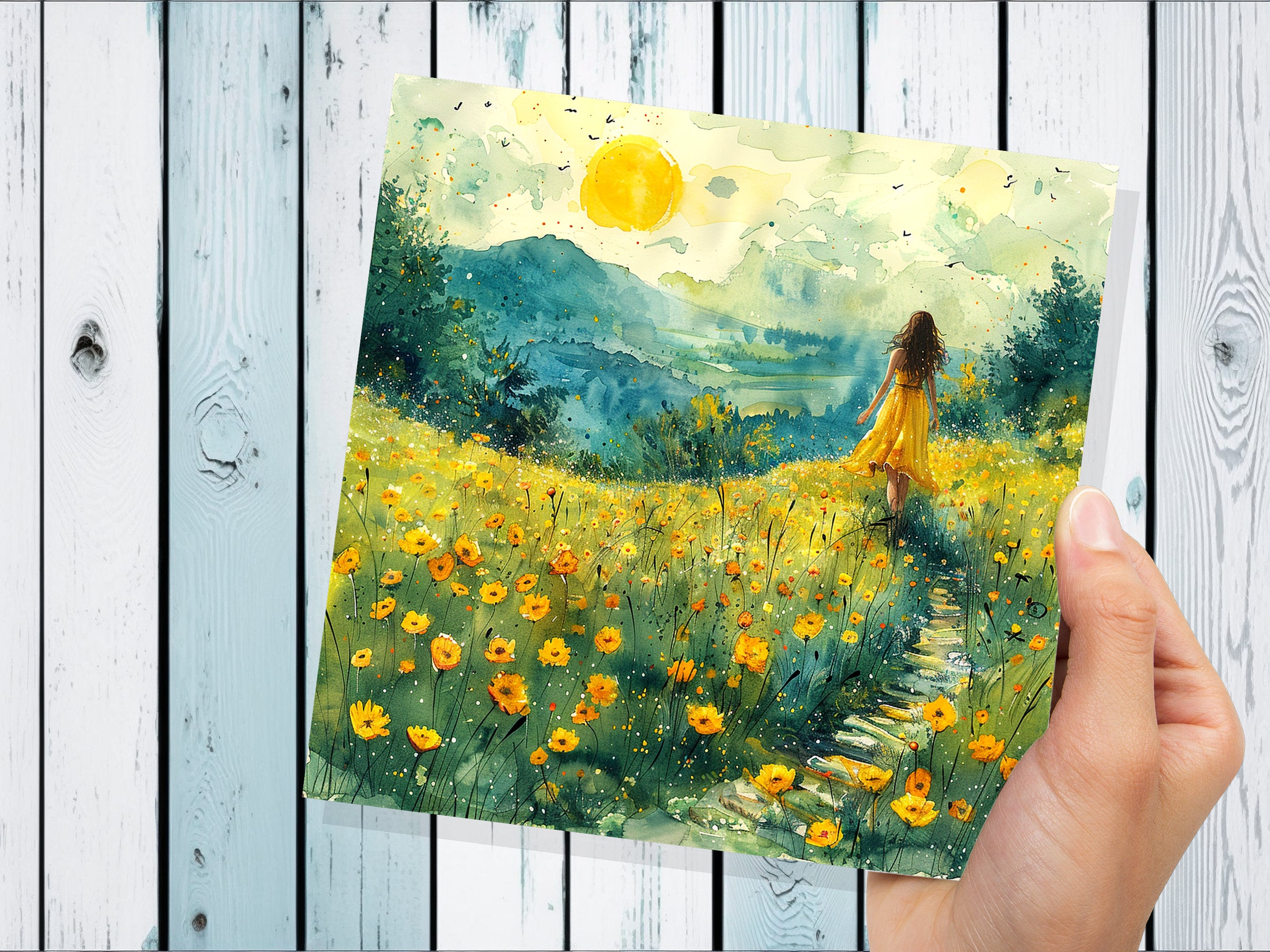 Summer Meadow Card Tranquil Landscape Watercolour Painting Wildflowers Fields Woman Walking Joyful Nature Scene Freedom Divorce Travel - View 8