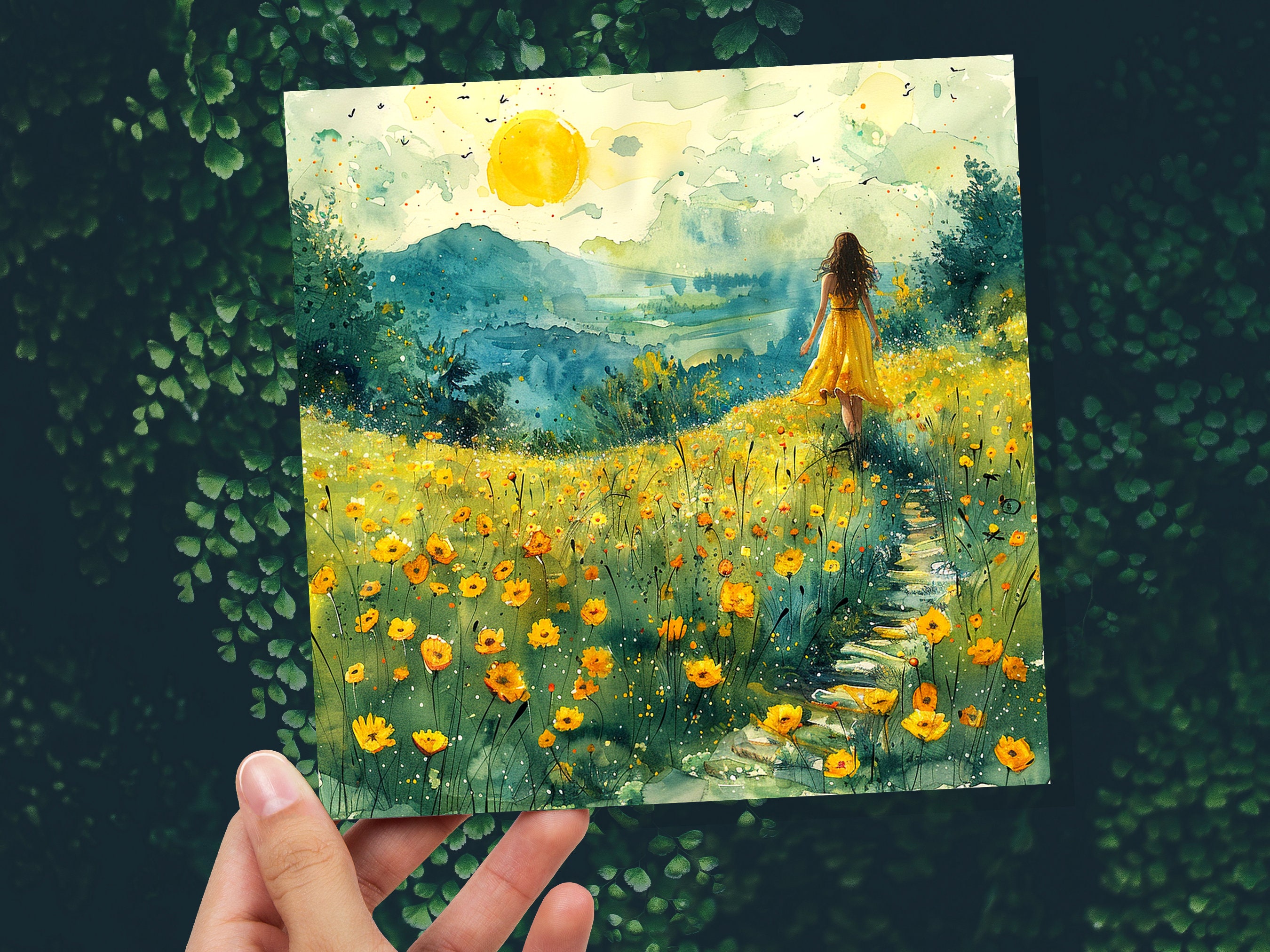 Summer Meadow Card Tranquil Landscape Watercolour Painting Wildflowers Fields Woman Walking Joyful Nature Scene Freedom Divorce Travel