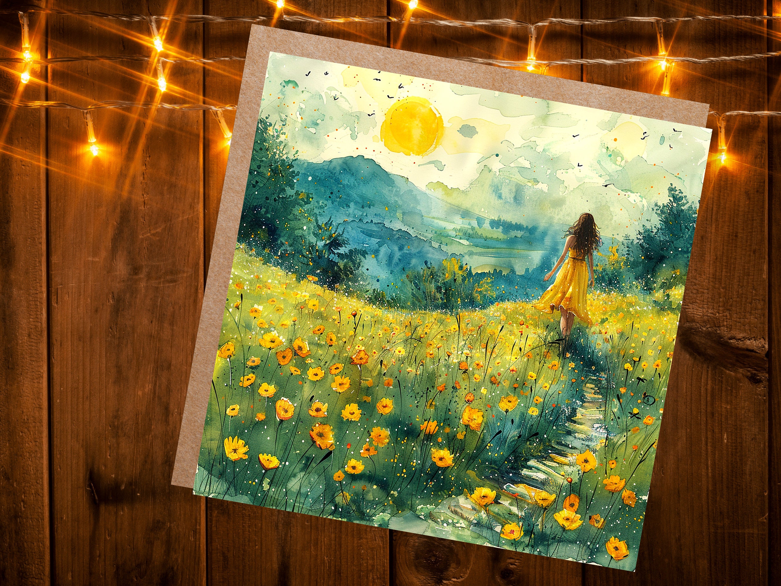 Summer Meadow Card Tranquil Landscape Watercolour Painting Wildflowers Fields Woman Walking Joyful Nature Scene Freedom Divorce Travel - View 3