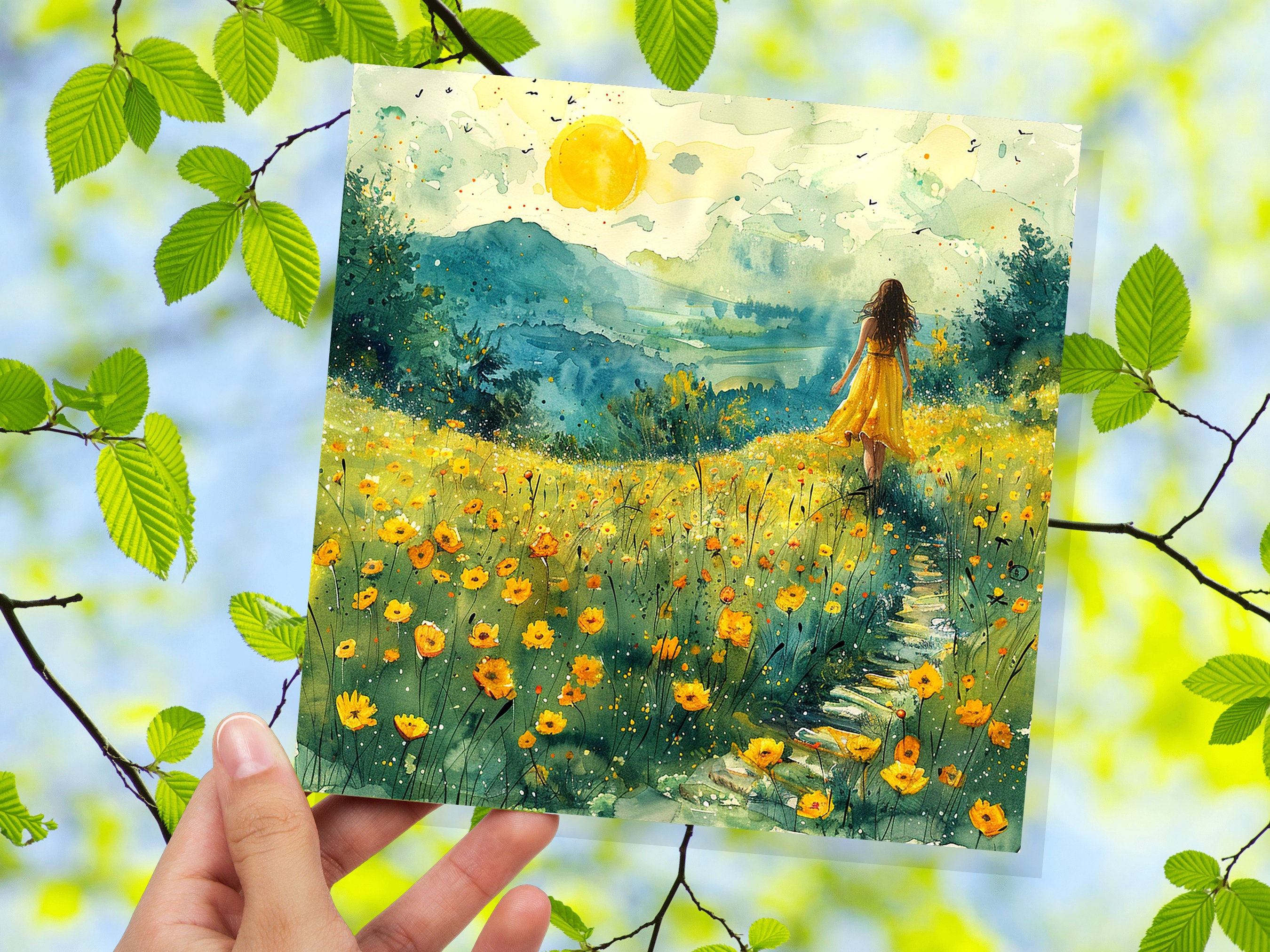 Summer Meadow Card Tranquil Landscape Watercolour Painting Wildflowers Fields Woman Walking Joyful Nature Scene Freedom Divorce Travel - View 6