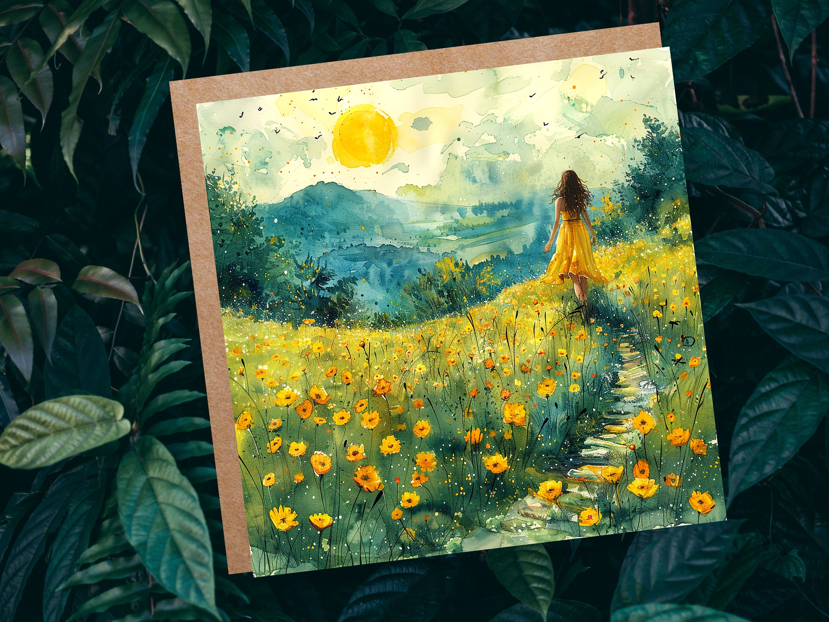 Summer Meadow Card Tranquil Landscape Watercolour Painting Wildflowers Fields Woman Walking Joyful Nature Scene Freedom Divorce Travel - View 2