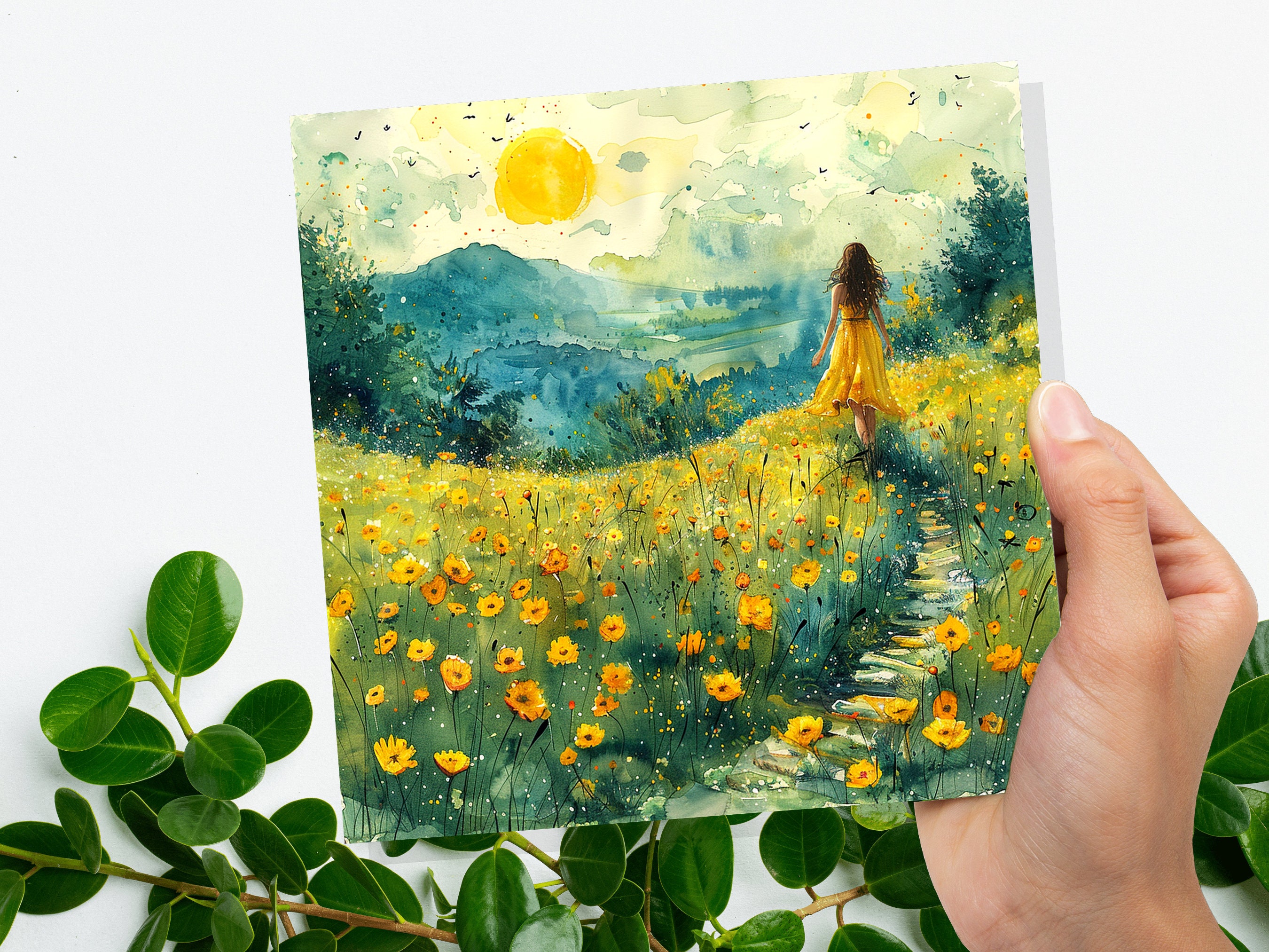 Summer Meadow Card Tranquil Landscape Watercolour Painting Wildflowers Fields Woman Walking Joyful Nature Scene Freedom Divorce Travel - View 7