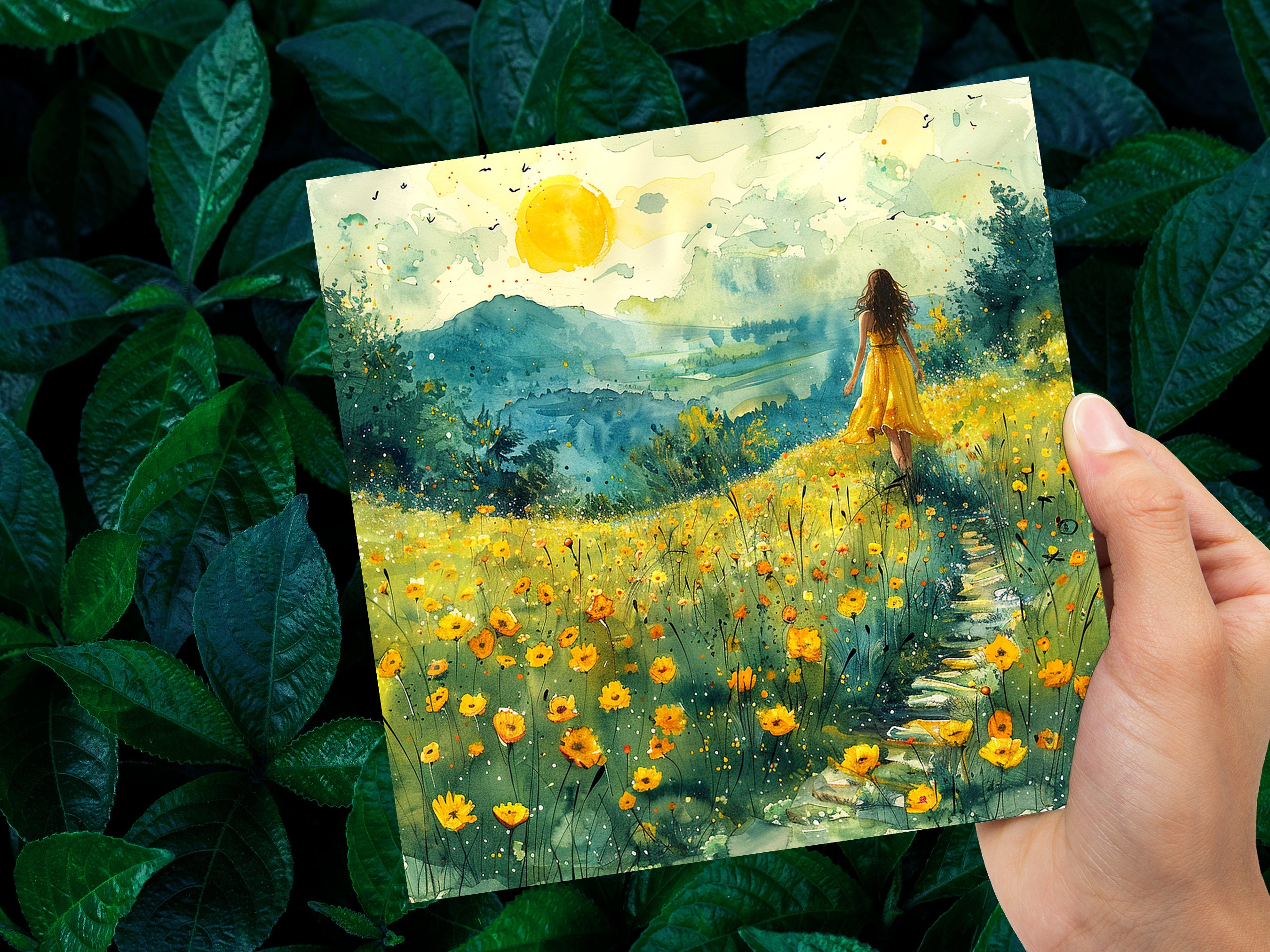 Summer Meadow Card Tranquil Landscape Watercolour Painting Wildflowers Fields Woman Walking Joyful Nature Scene Freedom Divorce Travel - View 9