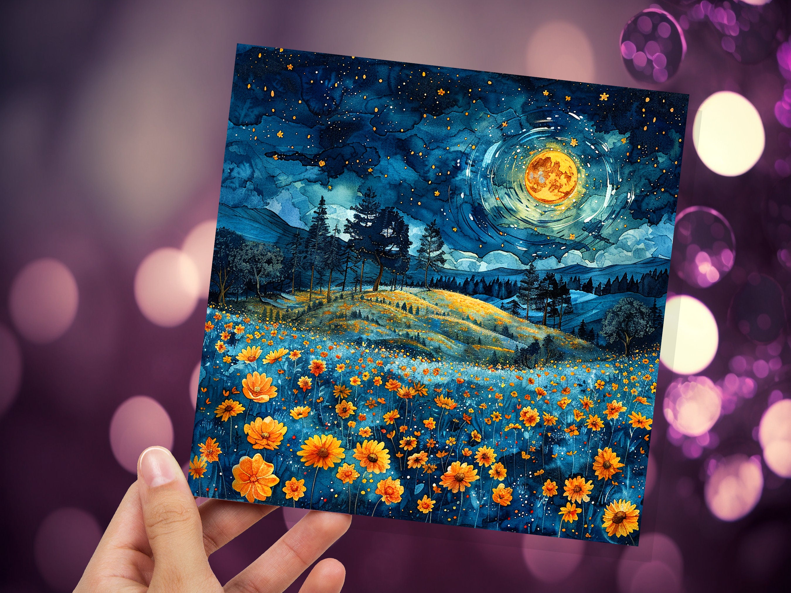 Summer Night Greeting Card Flower Meadow Moon Stars Landscape Nature Floral Scene Peaceful Tranquil Celestial Starry Sky Garden Countryside - View 6