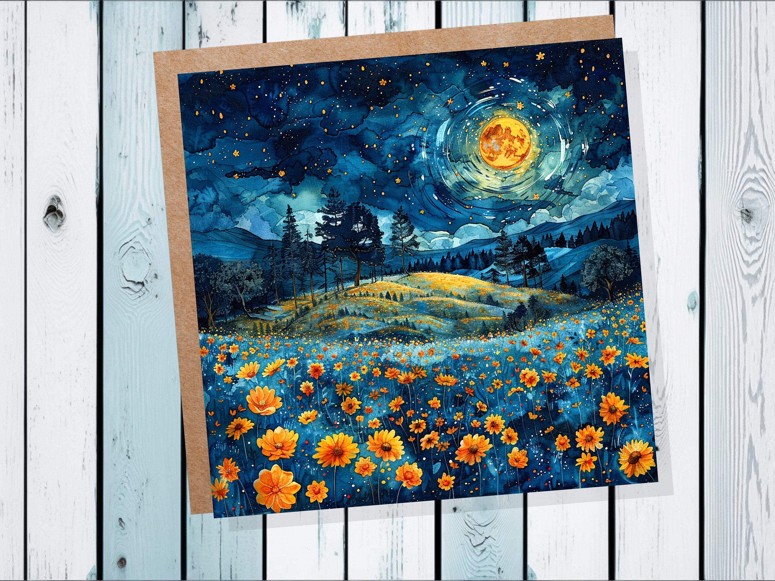 Summer Night Greeting Card Flower Meadow Moon Stars Landscape Nature Floral Scene Peaceful Tranquil Celestial Starry Sky Garden Countryside