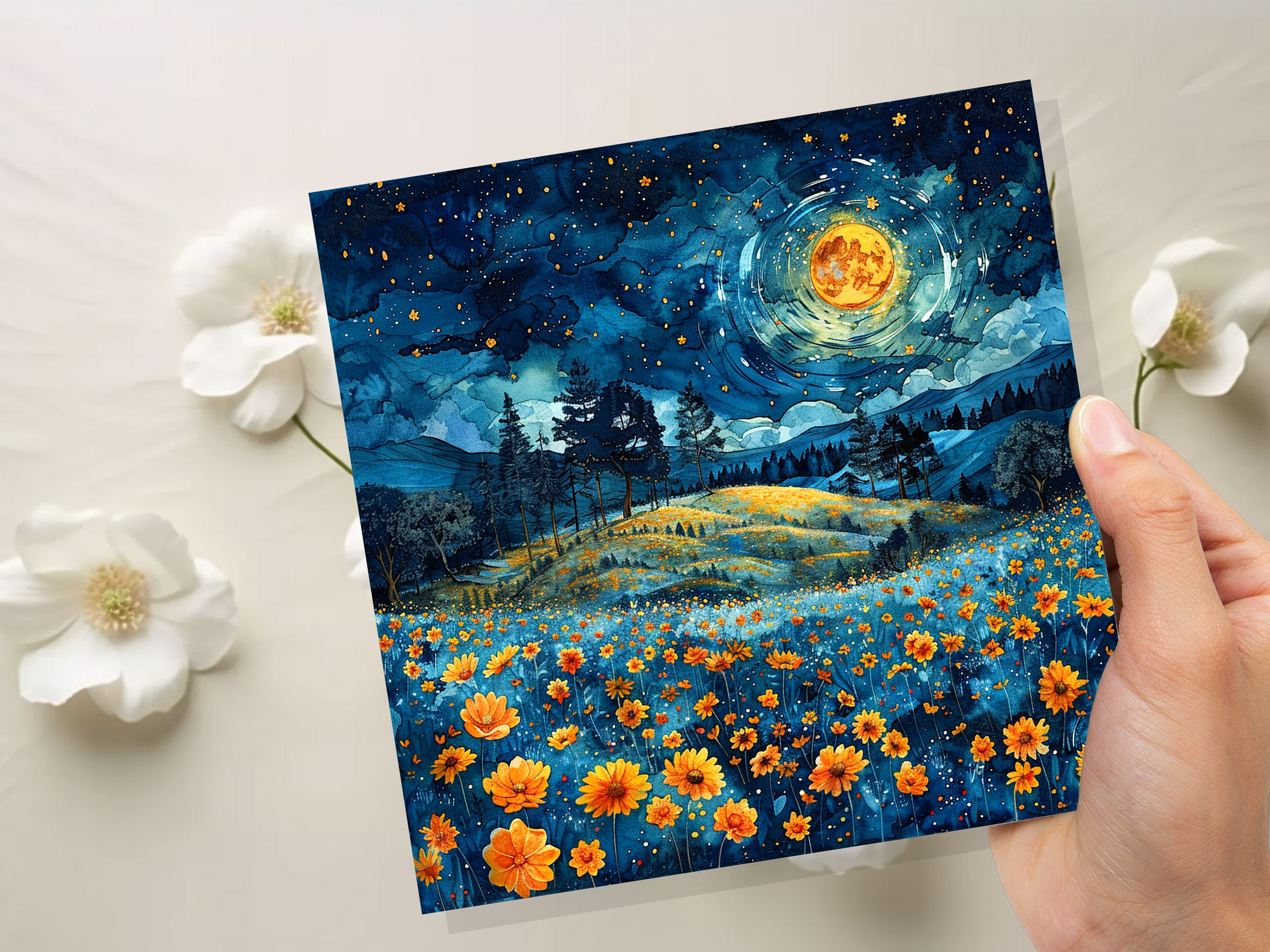 Summer Night Greeting Card Flower Meadow Moon Stars Landscape Nature Floral Scene Peaceful Tranquil Celestial Starry Sky Garden Countryside - View 9