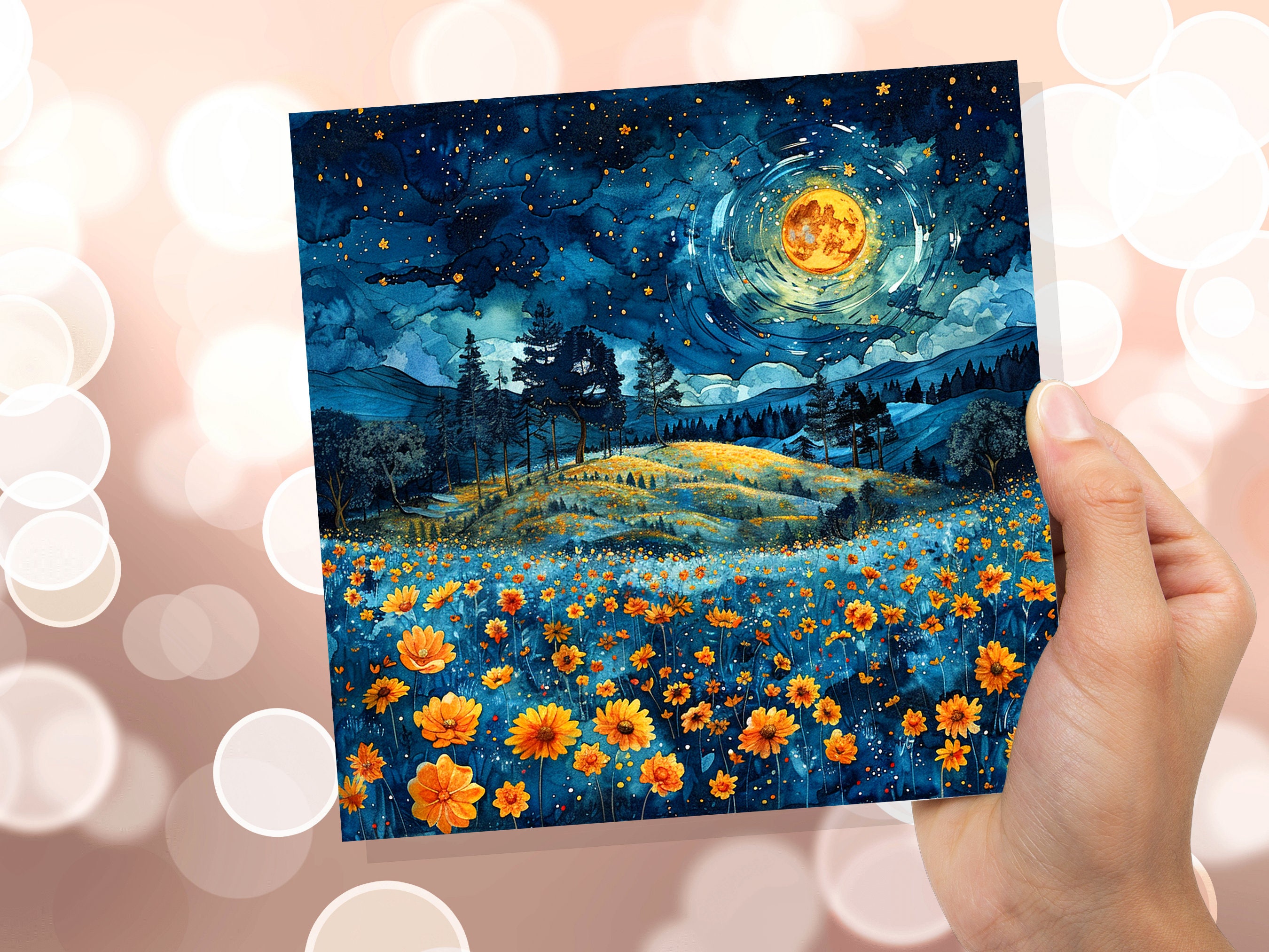 Summer Night Greeting Card Flower Meadow Moon Stars Landscape Nature Floral Scene Peaceful Tranquil Celestial Starry Sky Garden Countryside - View 7