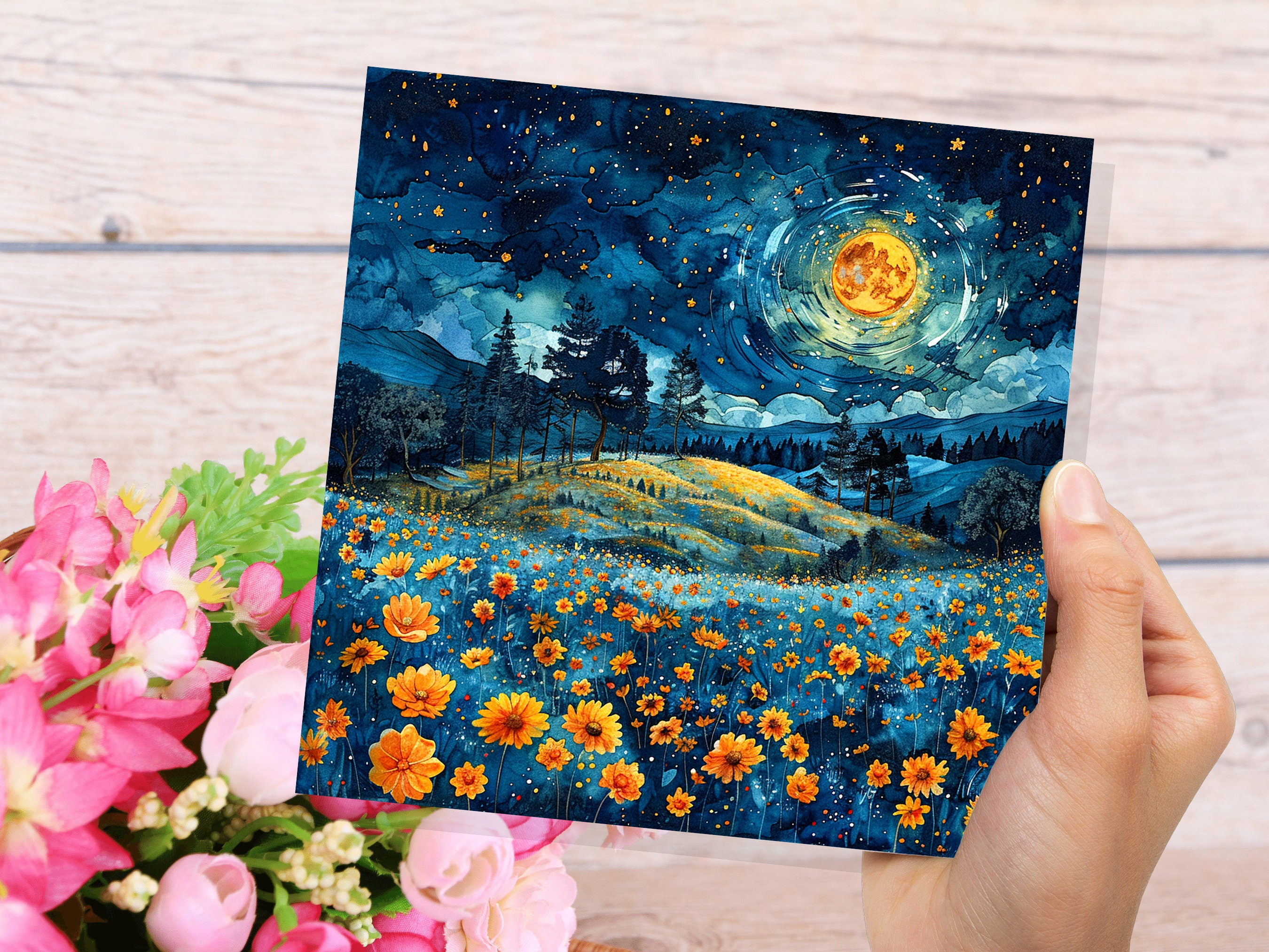 Summer Night Greeting Card Flower Meadow Moon Stars Landscape Nature Floral Scene Peaceful Tranquil Celestial Starry Sky Garden Countryside - View 8