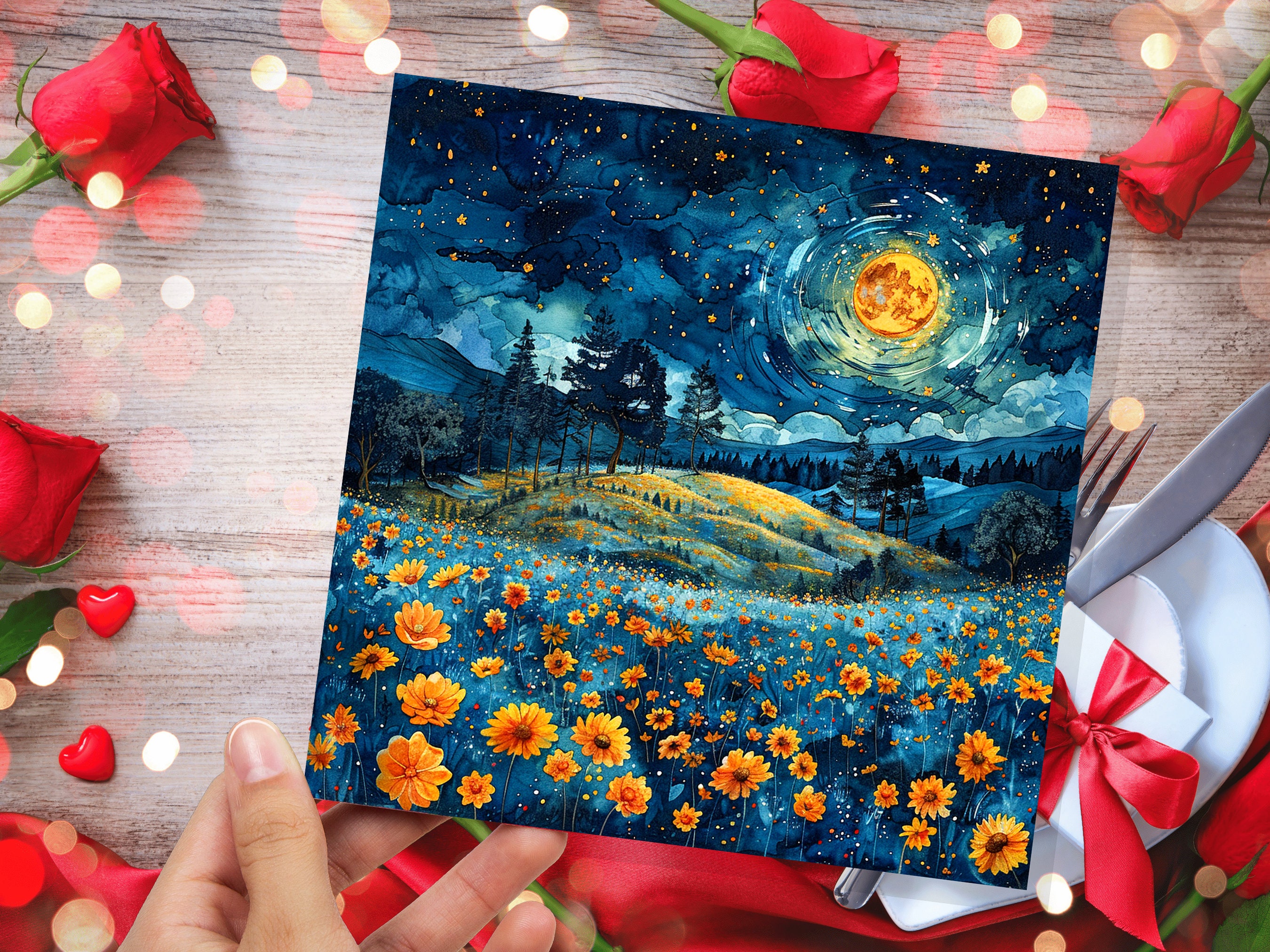 Summer Night Greeting Card Flower Meadow Moon Stars Landscape Nature Floral Scene Peaceful Tranquil Celestial Starry Sky Garden Countryside - View 5