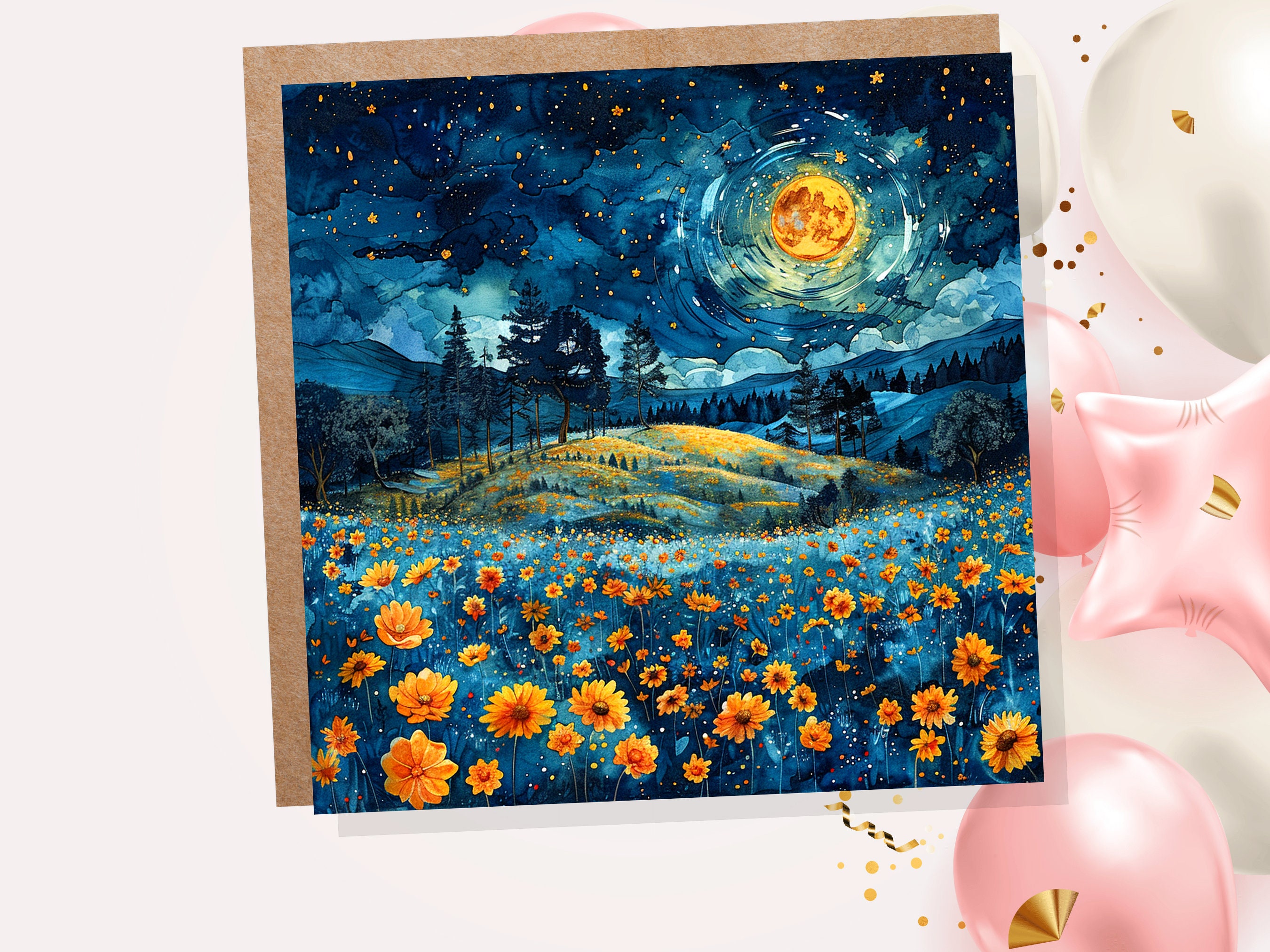 Summer Night Greeting Card Flower Meadow Moon Stars Landscape Nature Floral Scene Peaceful Tranquil Celestial Starry Sky Garden Countryside - View 2