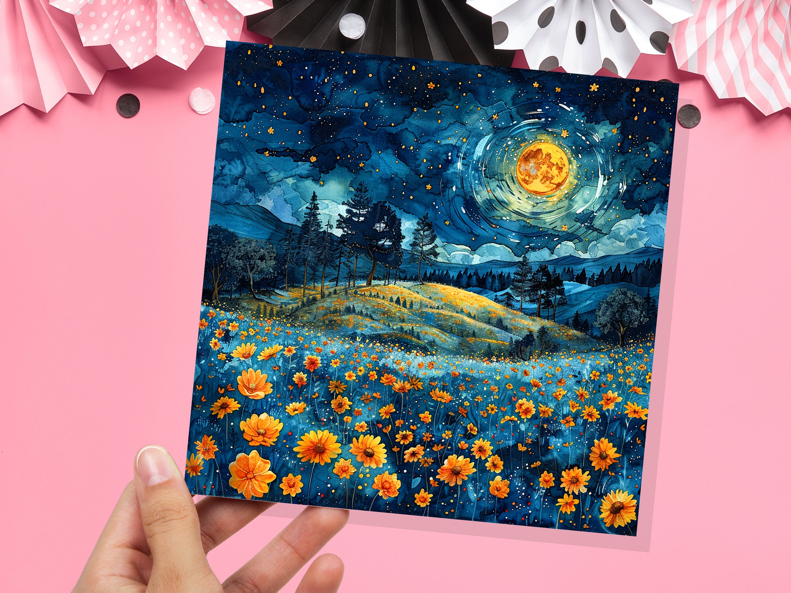 Summer Night Greeting Card Flower Meadow Moon Stars Landscape Nature Floral Scene Peaceful Tranquil Celestial Starry Sky Garden Countryside - View 4