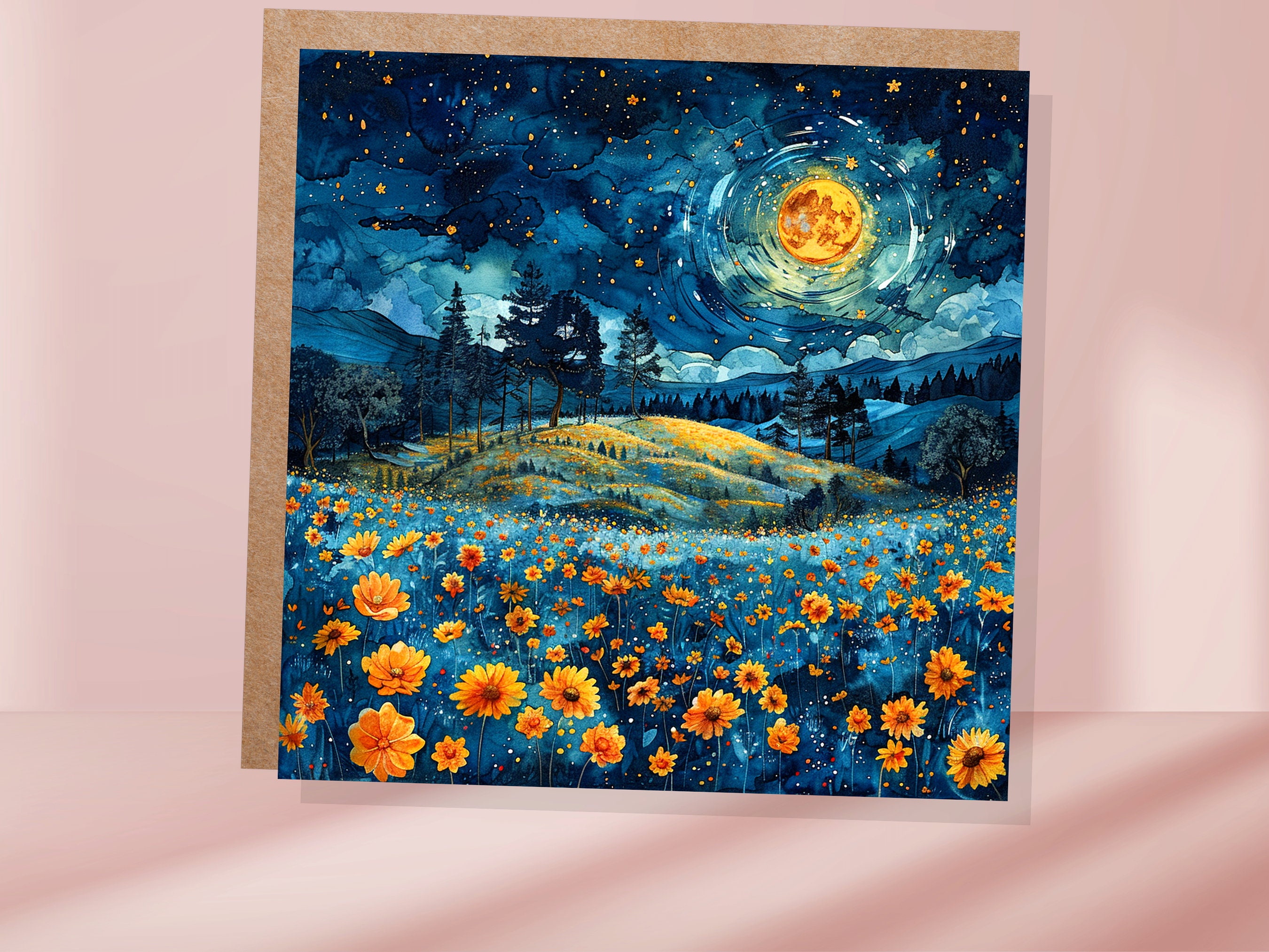 Summer Night Greeting Card Flower Meadow Moon Stars Landscape Nature Floral Scene Peaceful Tranquil Celestial Starry Sky Garden Countryside - View 3