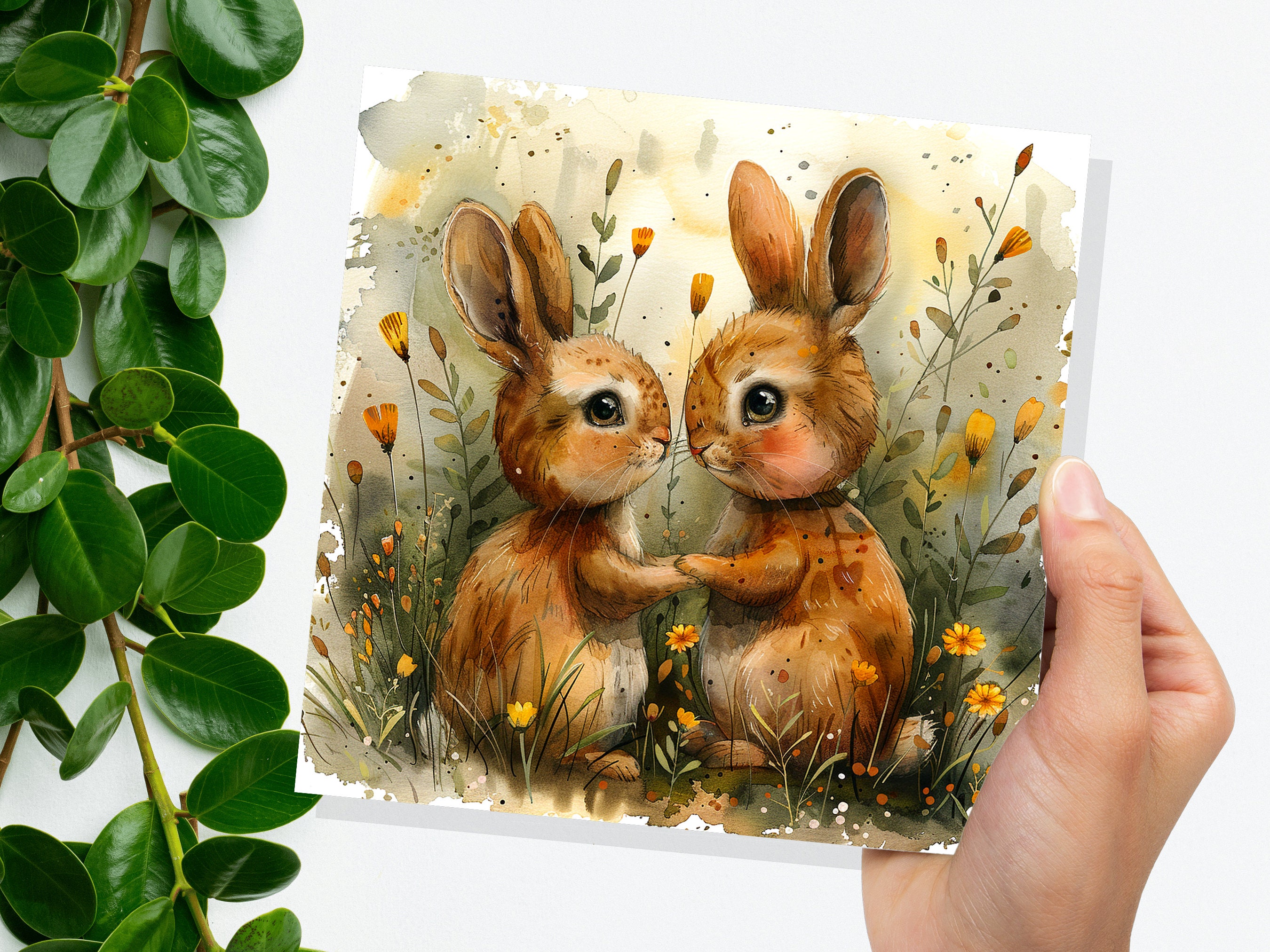 Rabbit Anniversary Card Cute Bunny Couple in Love Best Friends Relationship Nature Flowers Friendship Support Wedding Marriage Engagement