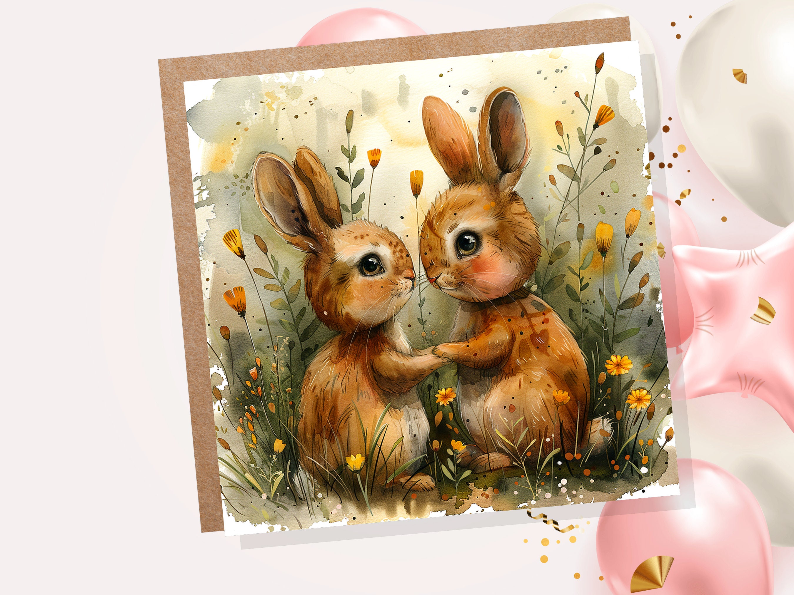 Rabbit Anniversary Card Cute Bunny Couple in Love Best Friends Relationship Nature Flowers Friendship Support Wedding Marriage Engagement - View 2