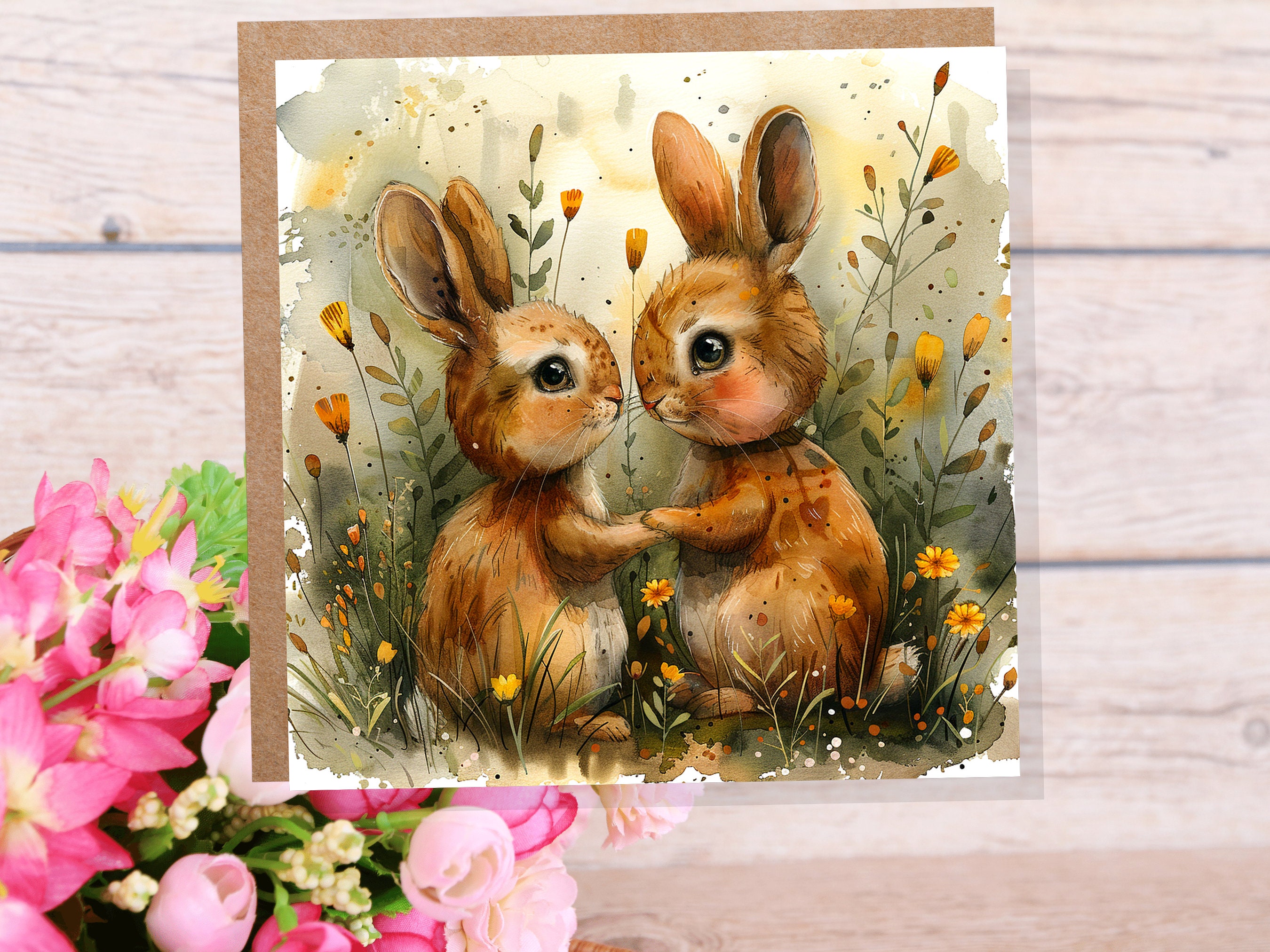 Rabbit Anniversary Card Cute Bunny Couple in Love Best Friends Relationship Nature Flowers Friendship Support Wedding Marriage Engagement - View 3