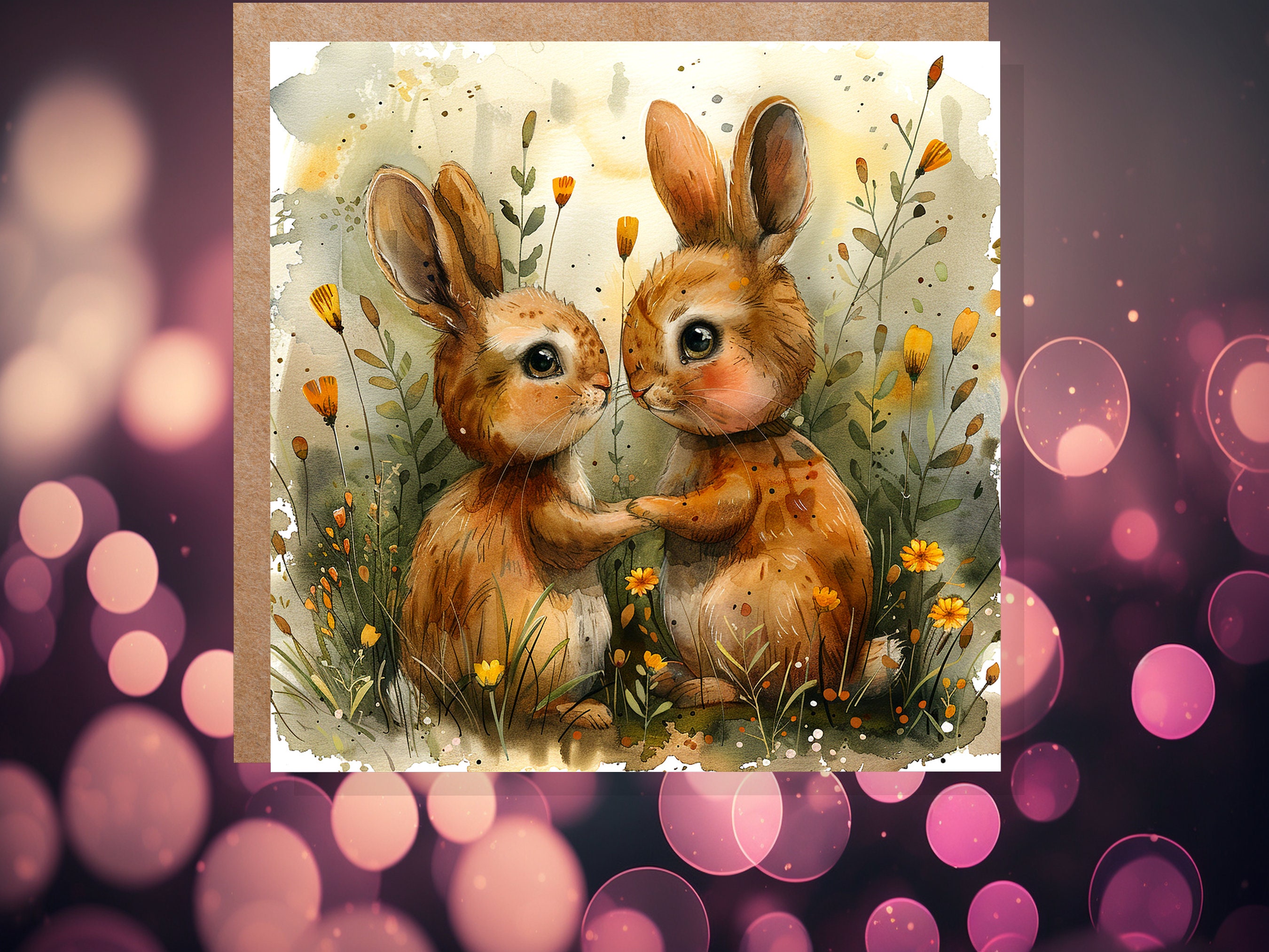 Rabbit Anniversary Card Cute Bunny Couple in Love Best Friends Relationship Nature Flowers Friendship Support Wedding Marriage Engagement - View 4