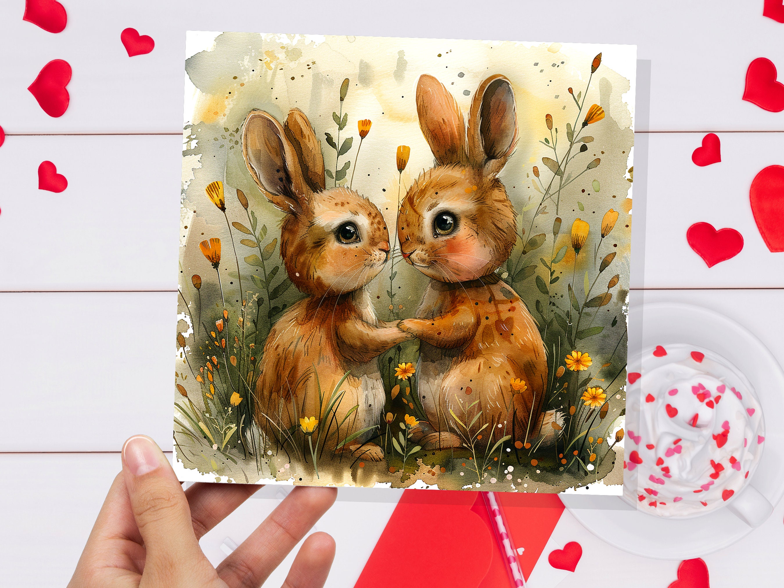 Rabbit Anniversary Card Cute Bunny Couple in Love Best Friends Relationship Nature Flowers Friendship Support Wedding Marriage Engagement - View 5