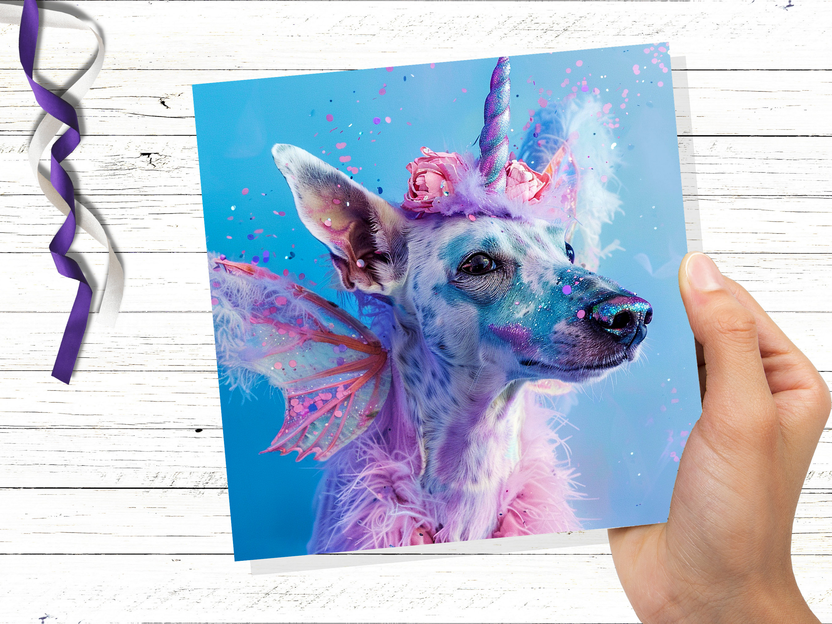 Unicorn Dog Funny Birthday Card Magical Fantasy Rainbow Pink Blue Whimsical Cute Fancy Dress Party Invites Hound Butterfly Fairy Wings Silly