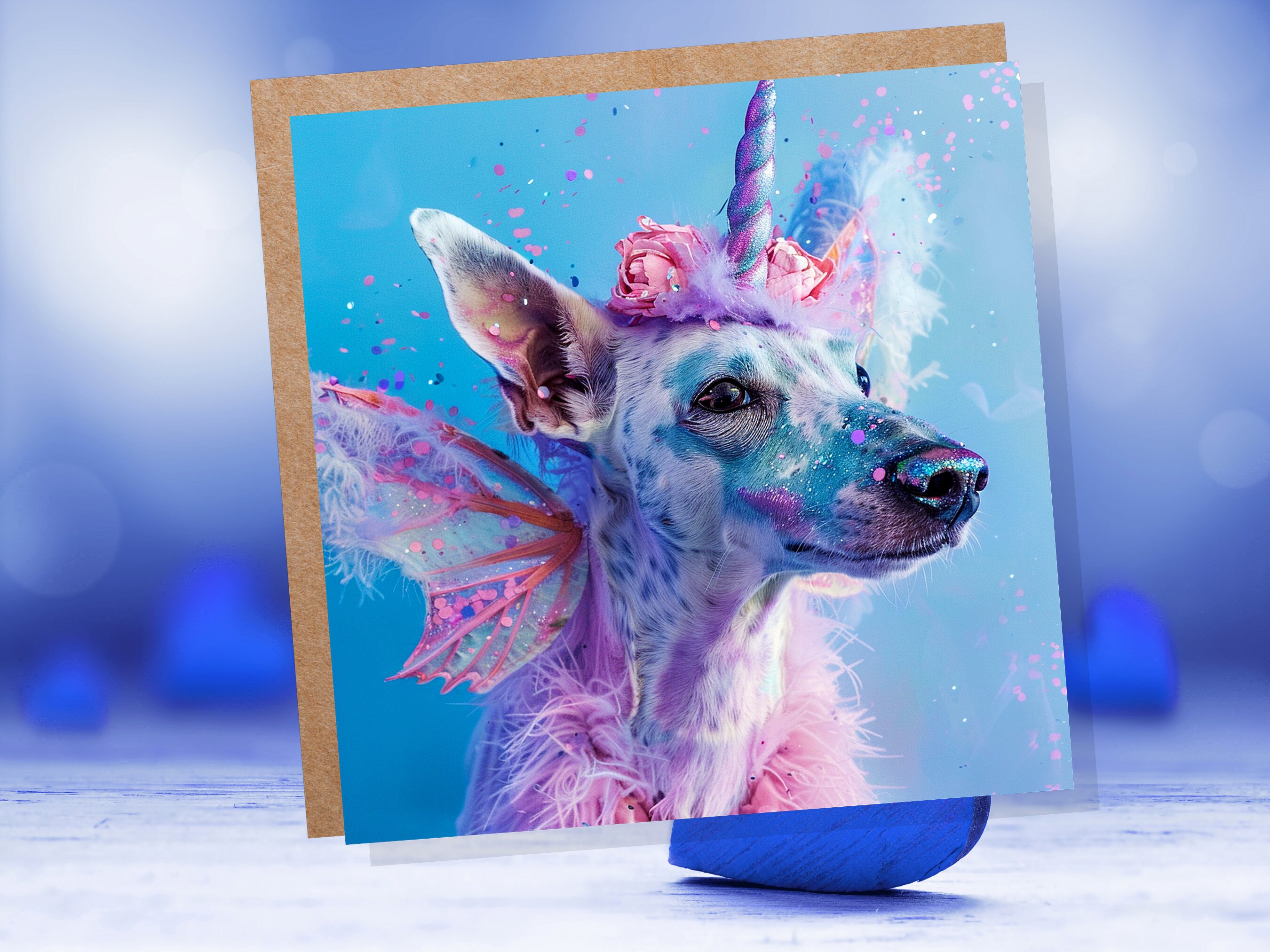 Unicorn Dog Funny Birthday Card Magical Fantasy Rainbow Pink Blue Whimsical Cute Fancy Dress Party Invites Hound Butterfly Fairy Wings Silly - View 2