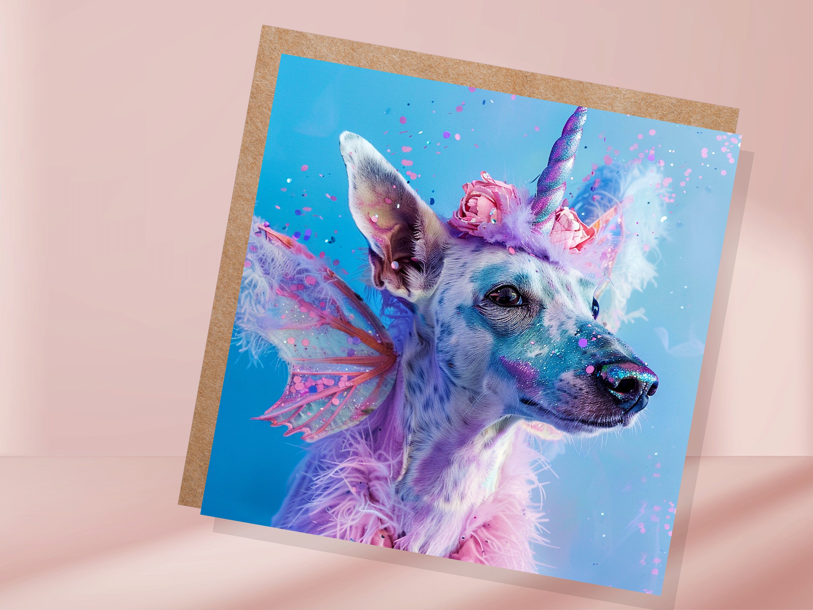 Unicorn Dog Funny Birthday Card Magical Fantasy Rainbow Pink Blue Whimsical Cute Fancy Dress Party Invites Hound Butterfly Fairy Wings Silly - View 3