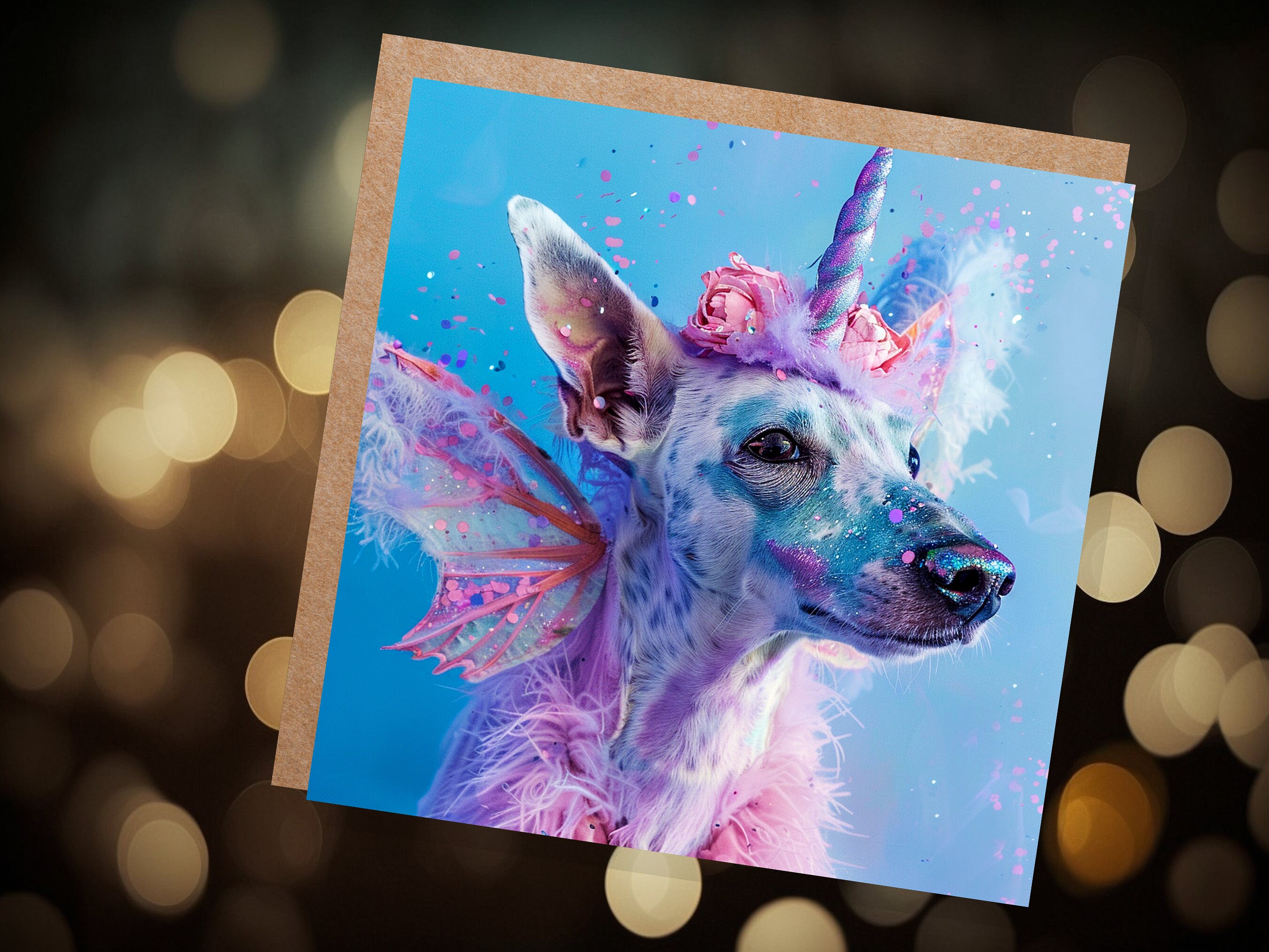 Unicorn Dog Funny Birthday Card Magical Fantasy Rainbow Pink Blue Whimsical Cute Fancy Dress Party Invites Hound Butterfly Fairy Wings Silly - View 4