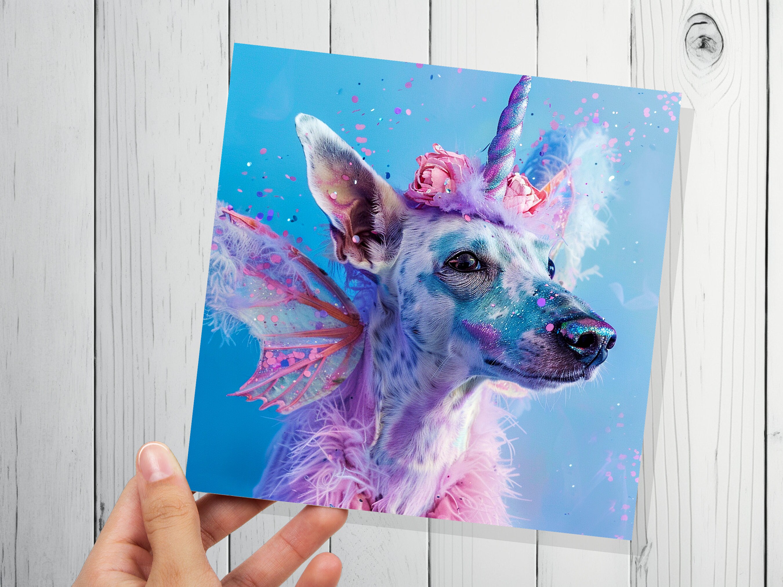 Unicorn Dog Funny Birthday Card Magical Fantasy Rainbow Pink Blue Whimsical Cute Fancy Dress Party Invites Hound Butterfly Fairy Wings Silly - View 5