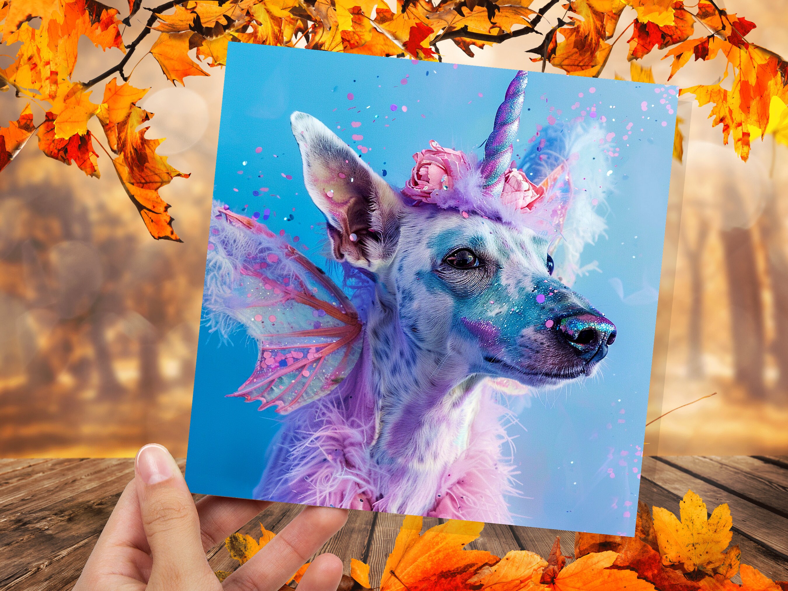 Unicorn Dog Funny Birthday Card Magical Fantasy Rainbow Pink Blue Whimsical Cute Fancy Dress Party Invites Hound Butterfly Fairy Wings Silly - View 6