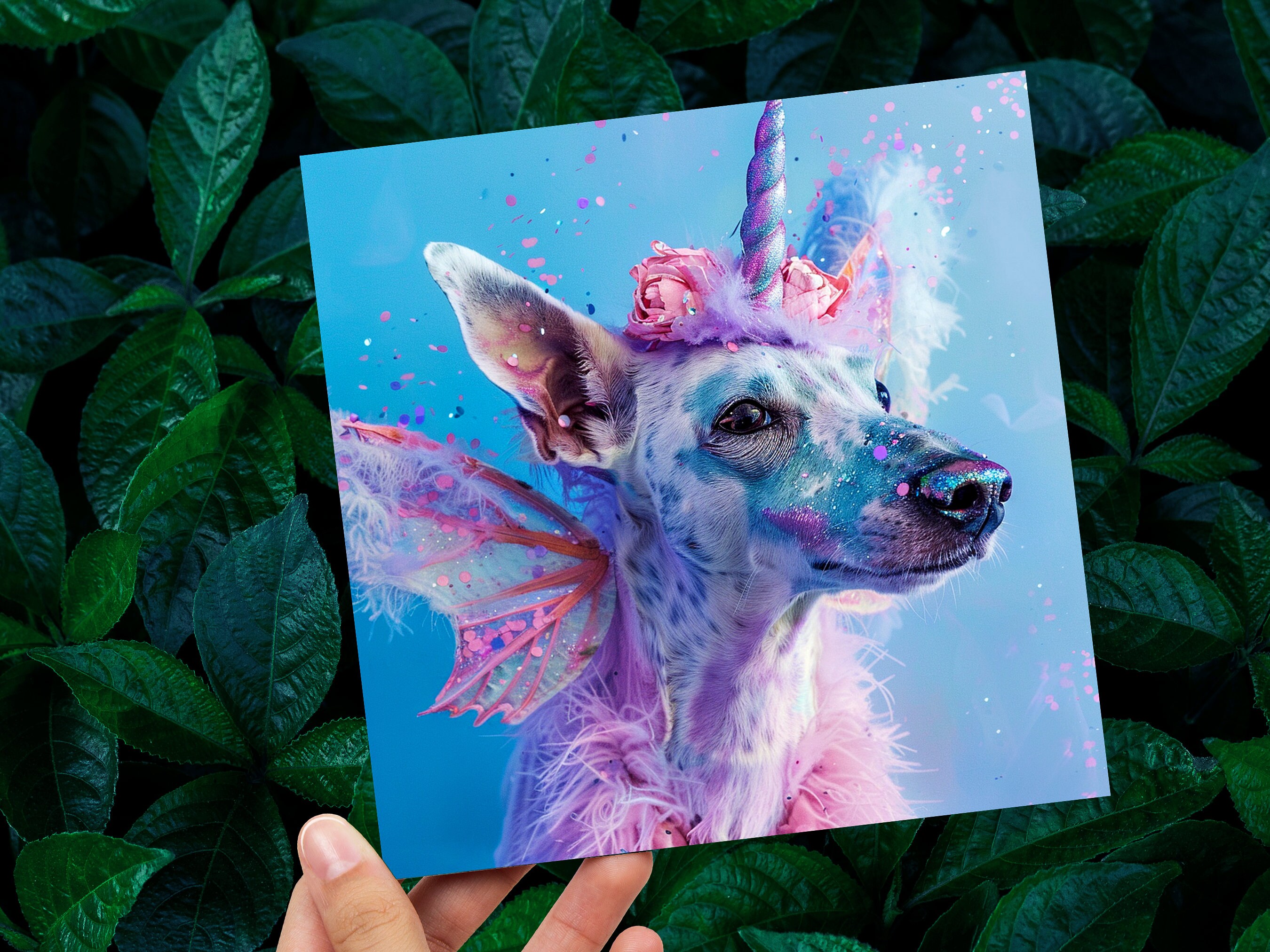 Unicorn Dog Funny Birthday Card Magical Fantasy Rainbow Pink Blue Whimsical Cute Fancy Dress Party Invites Hound Butterfly Fairy Wings Silly - View 7