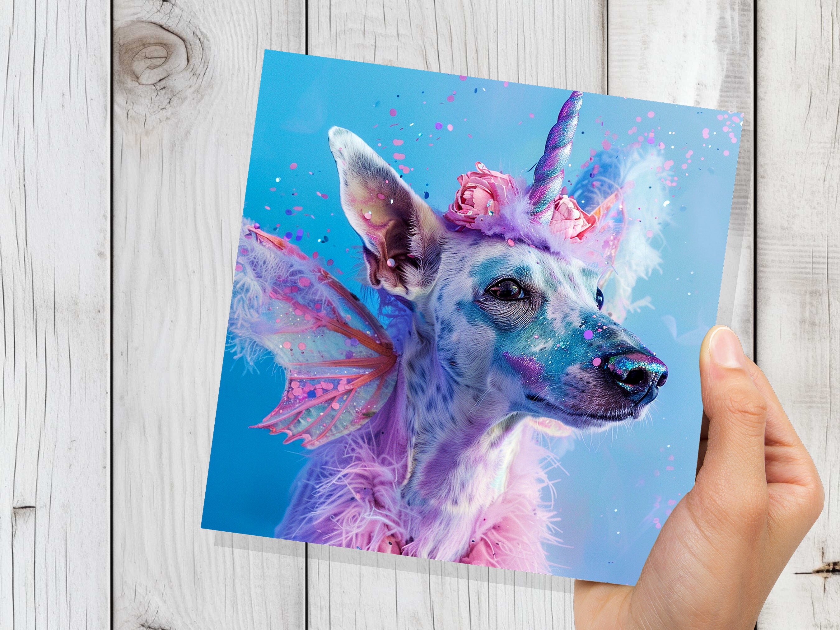 Unicorn Dog Funny Birthday Card Magical Fantasy Rainbow Pink Blue Whimsical Cute Fancy Dress Party Invites Hound Butterfly Fairy Wings Silly - View 8