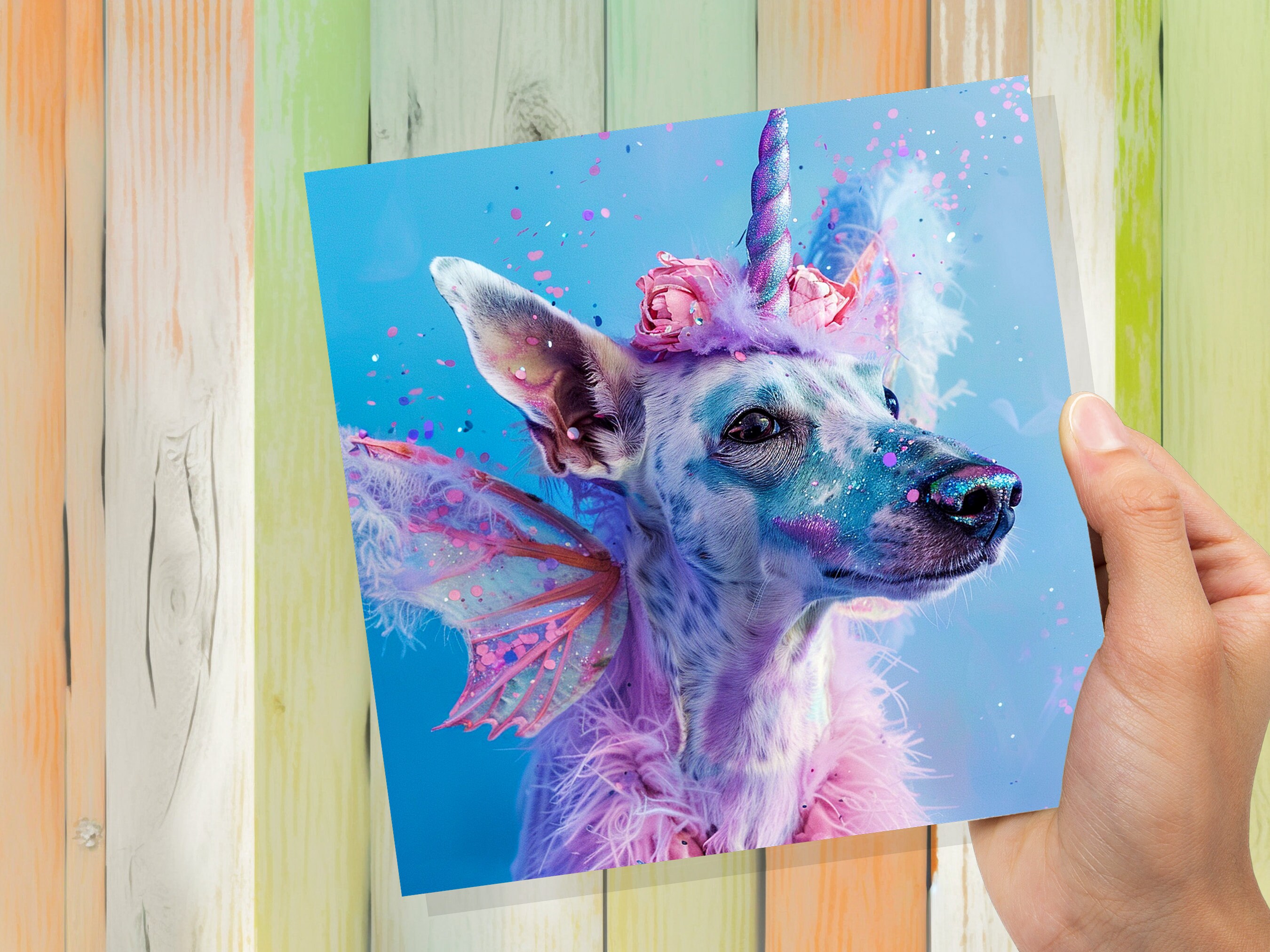 Unicorn Dog Funny Birthday Card Magical Fantasy Rainbow Pink Blue Whimsical Cute Fancy Dress Party Invites Hound Butterfly Fairy Wings Silly - View 9