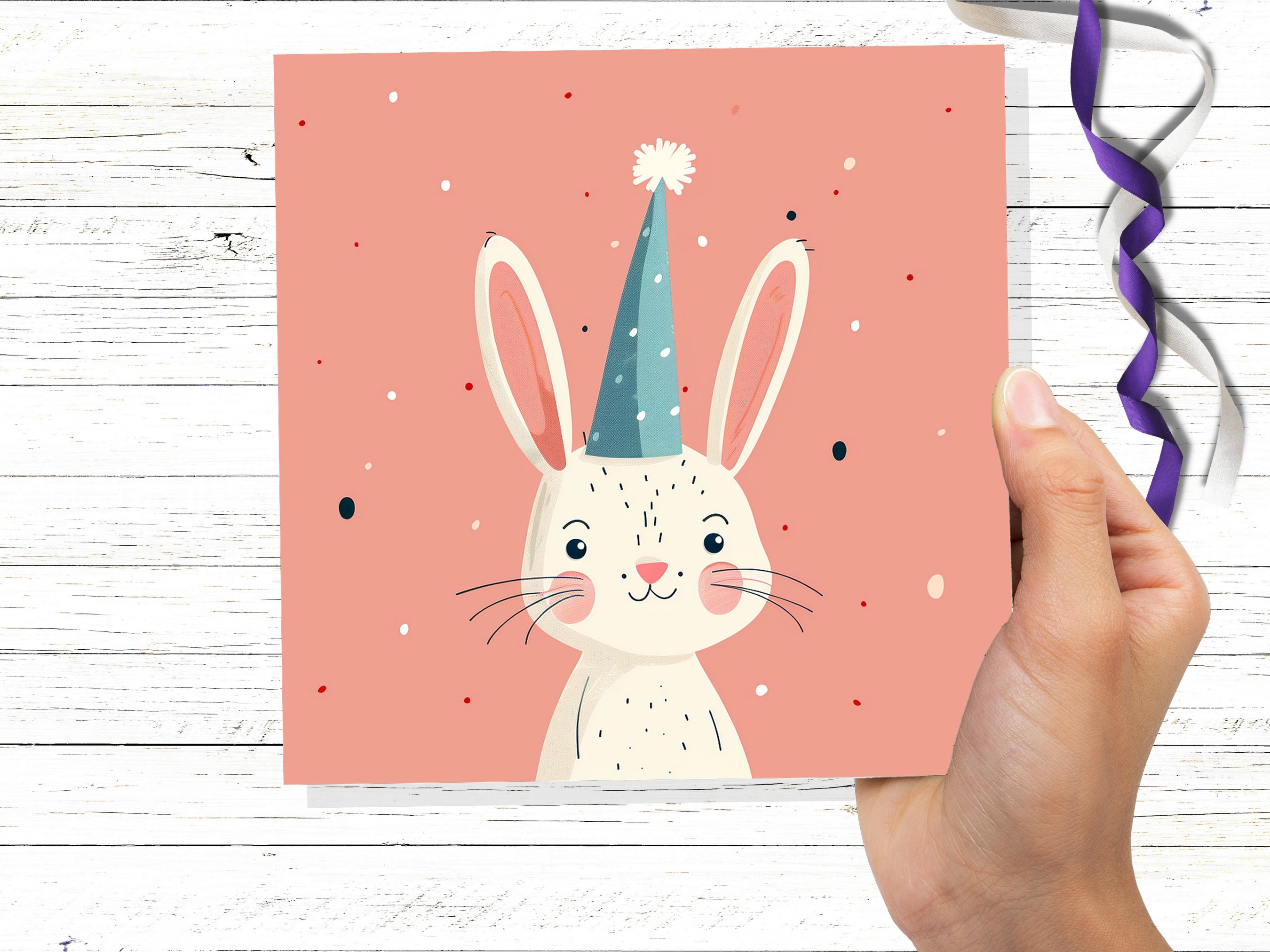 White Rabbit Card Celebration Party Hat Happy 1st Birthday for Daughter Cute Baby Easter Bunny Hare Blank Greetings Pastel Pink Invitation