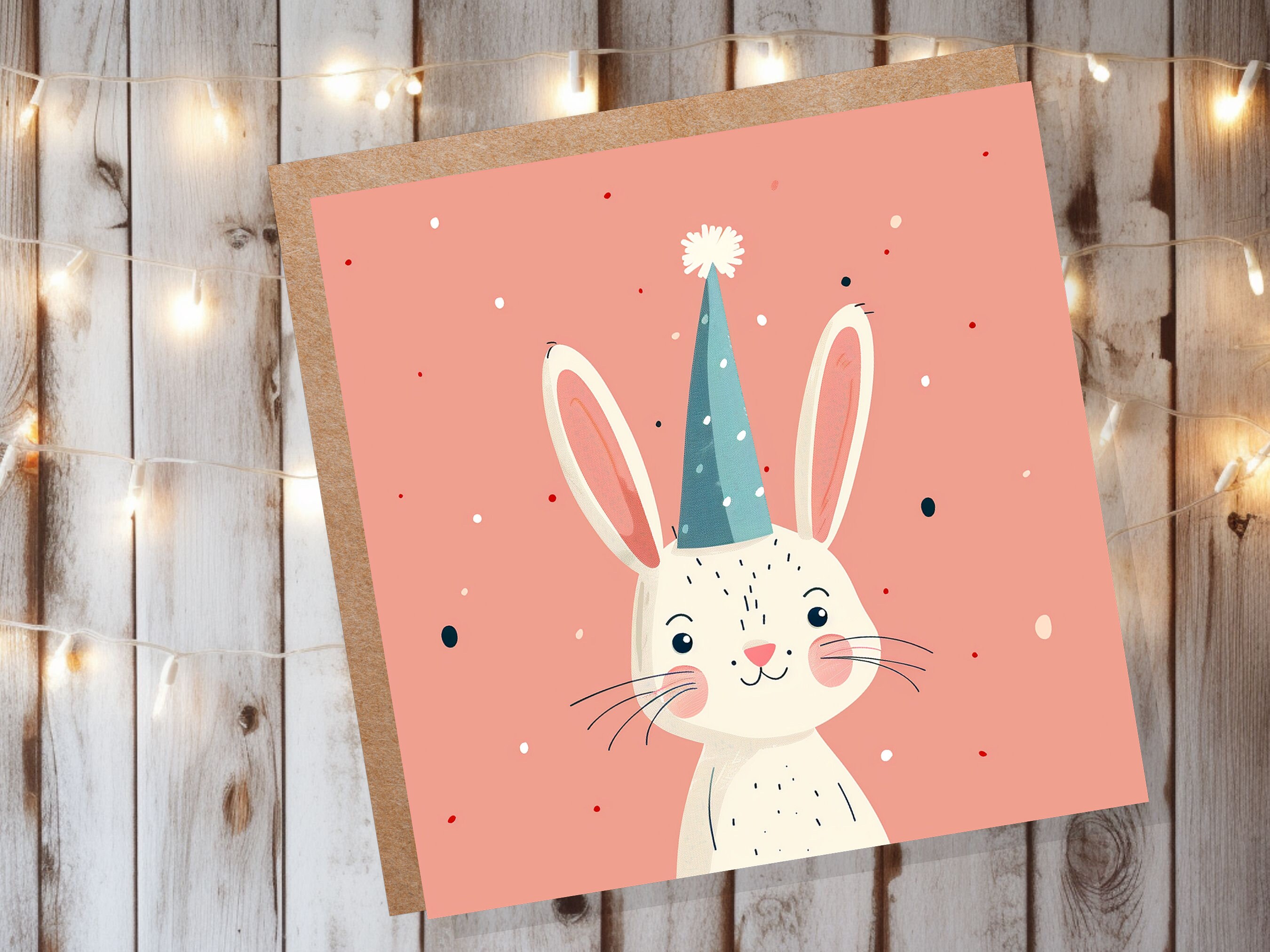 White Rabbit Card Celebration Party Hat Happy 1st Birthday for Daughter Cute Baby Easter Bunny Hare Blank Greetings Pastel Pink Invitation - View 2