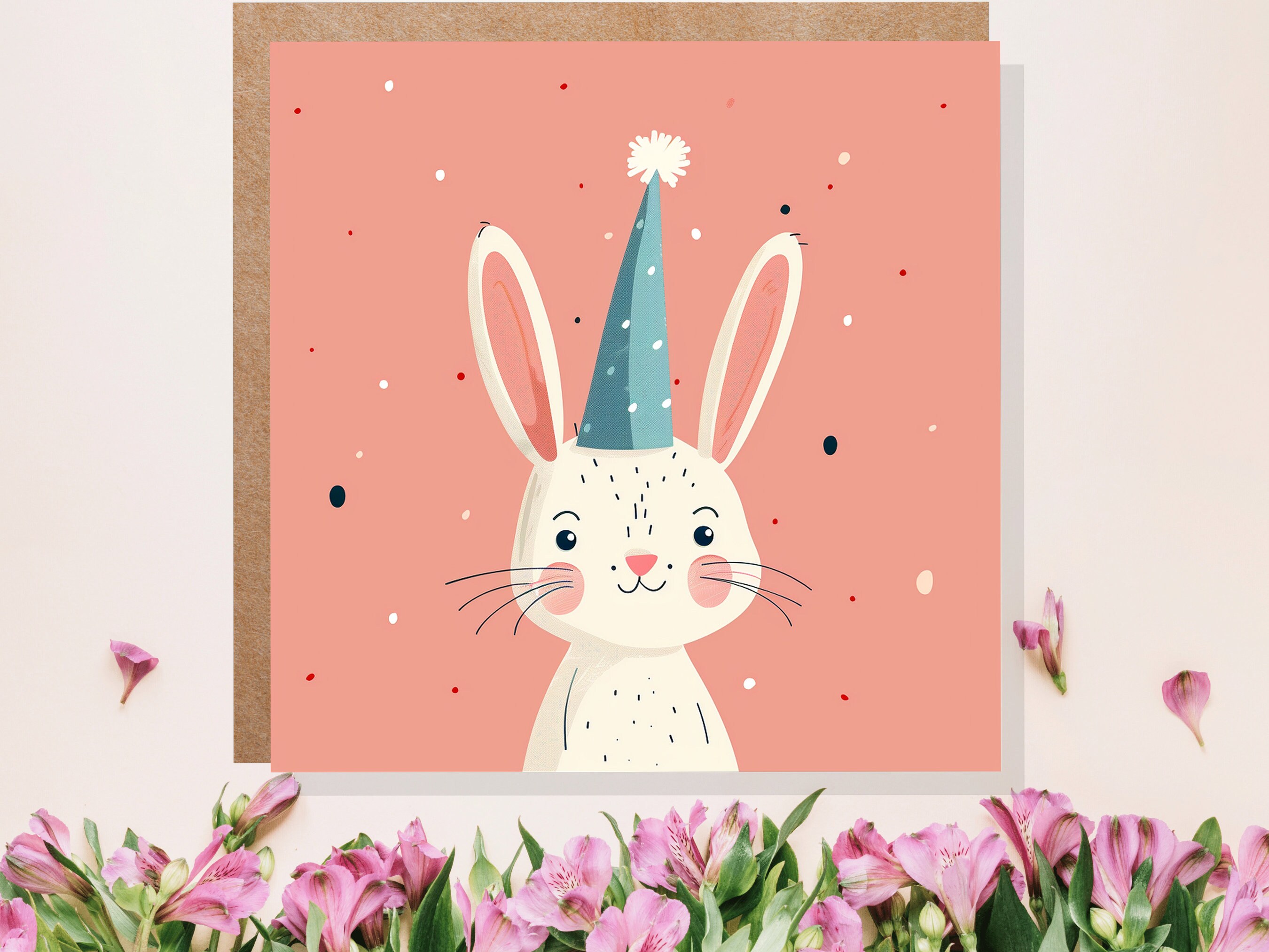 White Rabbit Card Celebration Party Hat Happy 1st Birthday for Daughter Cute Baby Easter Bunny Hare Blank Greetings Pastel Pink Invitation - View 4