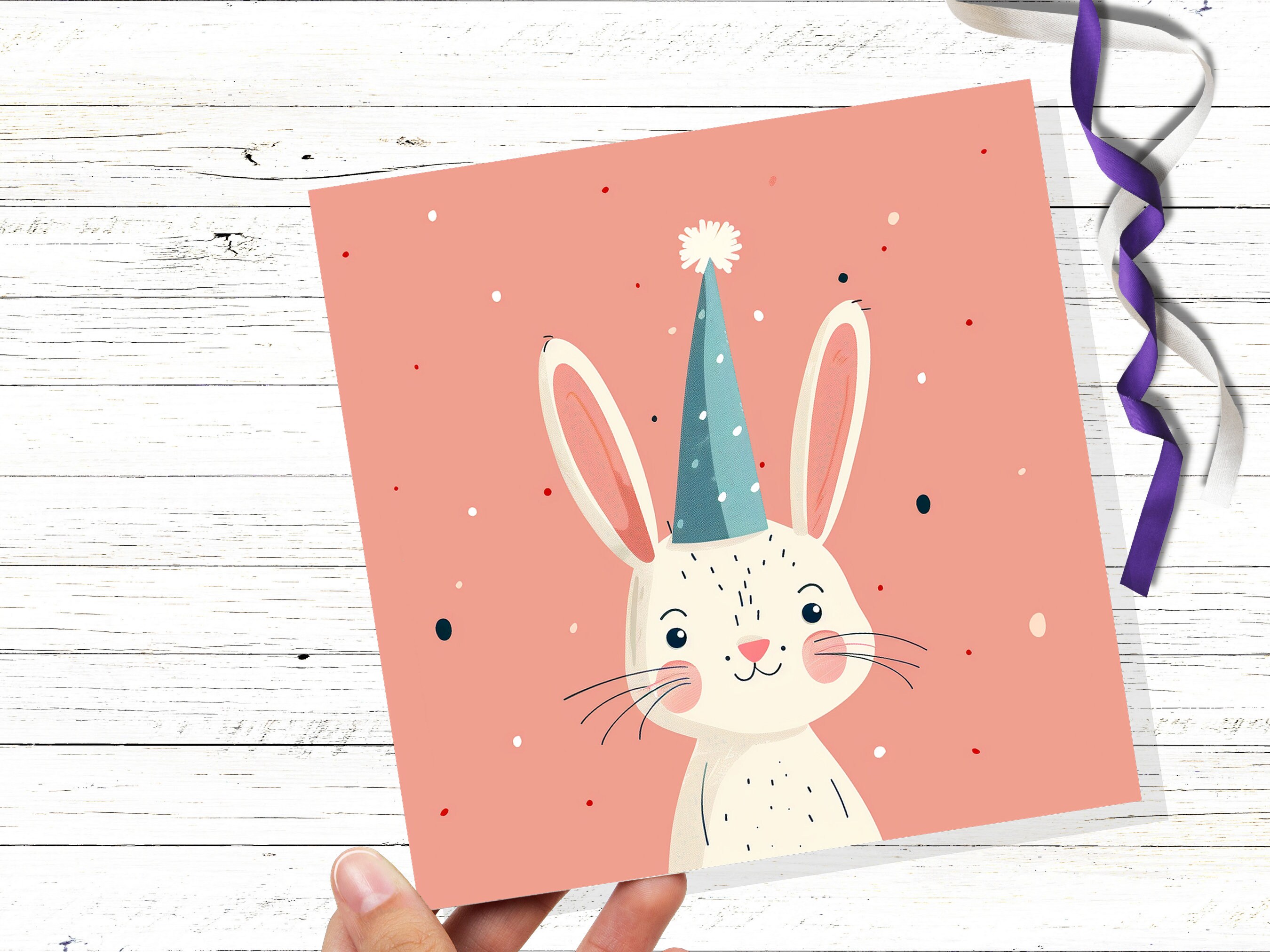 White Rabbit Card Celebration Party Hat Happy 1st Birthday for Daughter Cute Baby Easter Bunny Hare Blank Greetings Pastel Pink Invitation - View 5