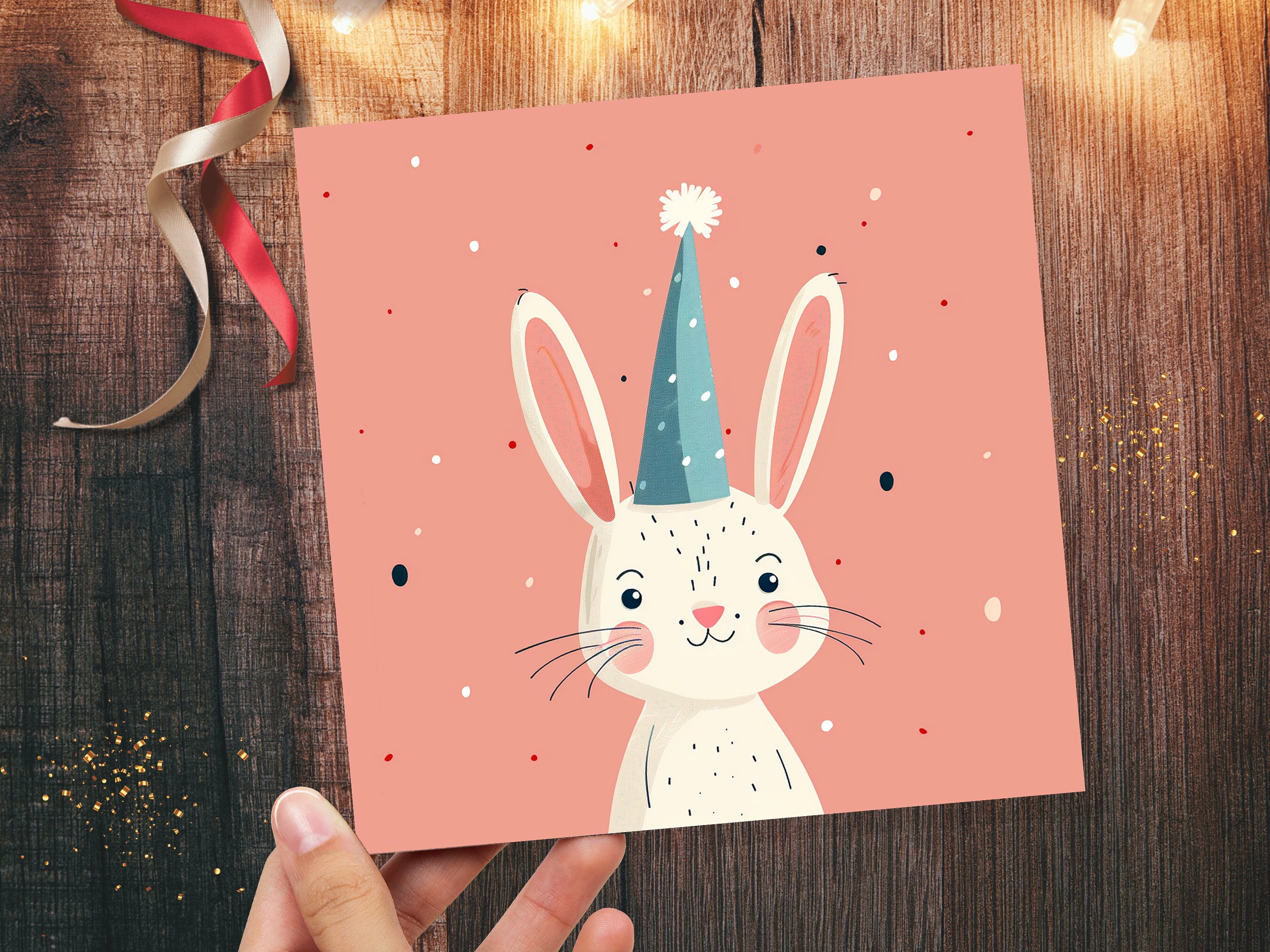 White Rabbit Card Celebration Party Hat Happy 1st Birthday for Daughter Cute Baby Easter Bunny Hare Blank Greetings Pastel Pink Invitation - View 6