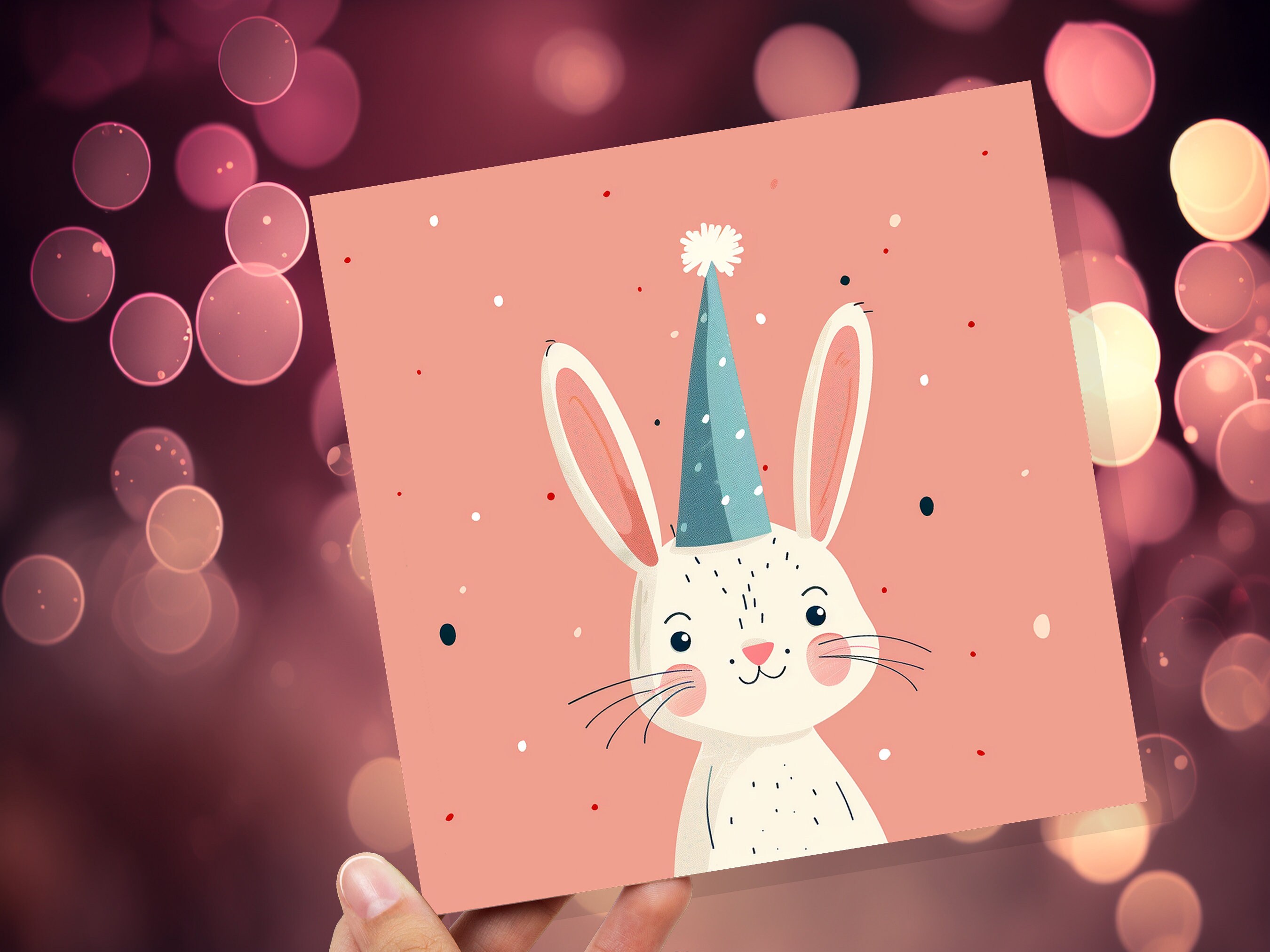 White Rabbit Card Celebration Party Hat Happy 1st Birthday for Daughter Cute Baby Easter Bunny Hare Blank Greetings Pastel Pink Invitation - View 7