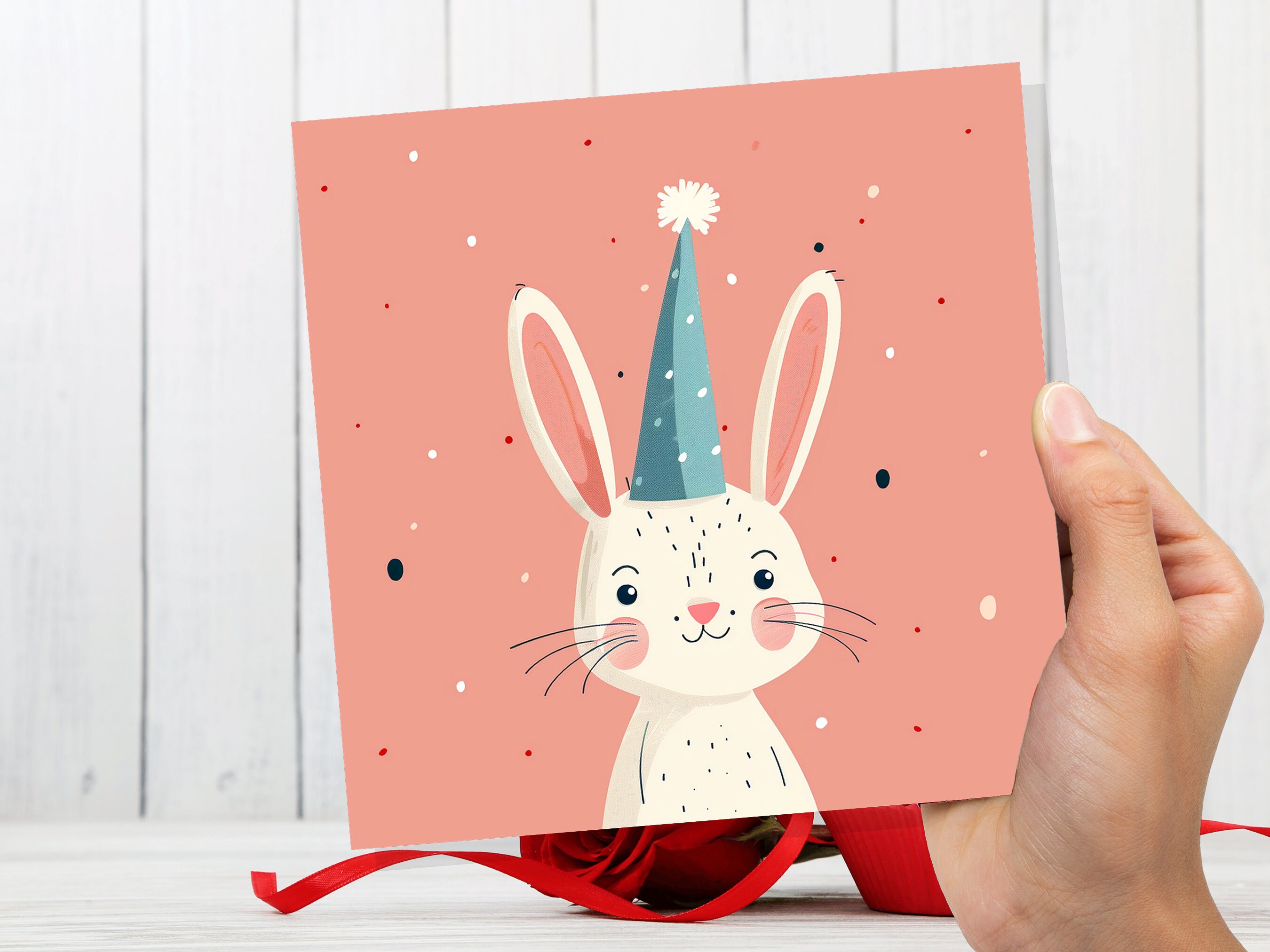 White Rabbit Card Celebration Party Hat Happy 1st Birthday for Daughter Cute Baby Easter Bunny Hare Blank Greetings Pastel Pink Invitation - View 8