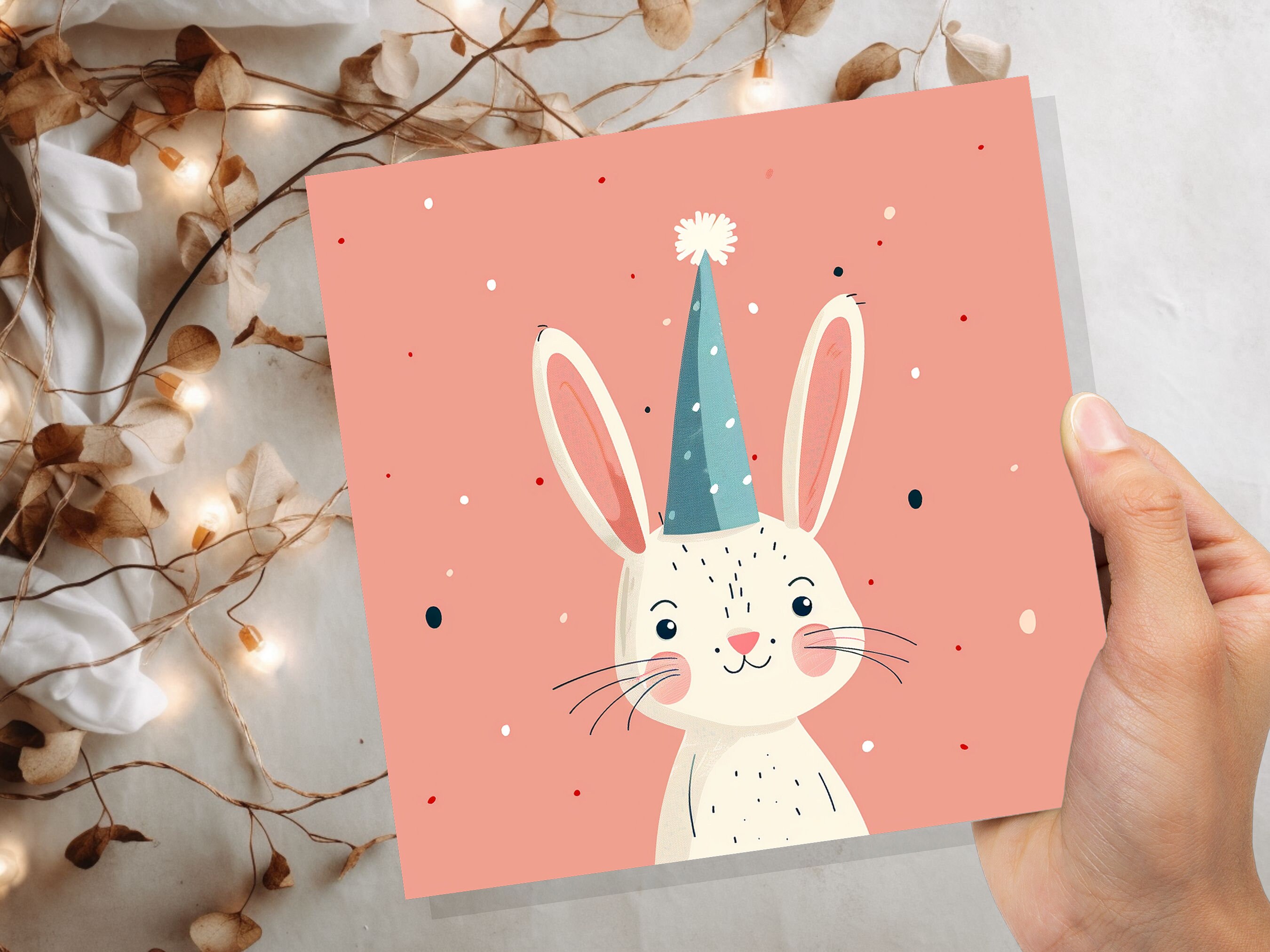 White Rabbit Card Celebration Party Hat Happy 1st Birthday for Daughter Cute Baby Easter Bunny Hare Blank Greetings Pastel Pink Invitation - View 9